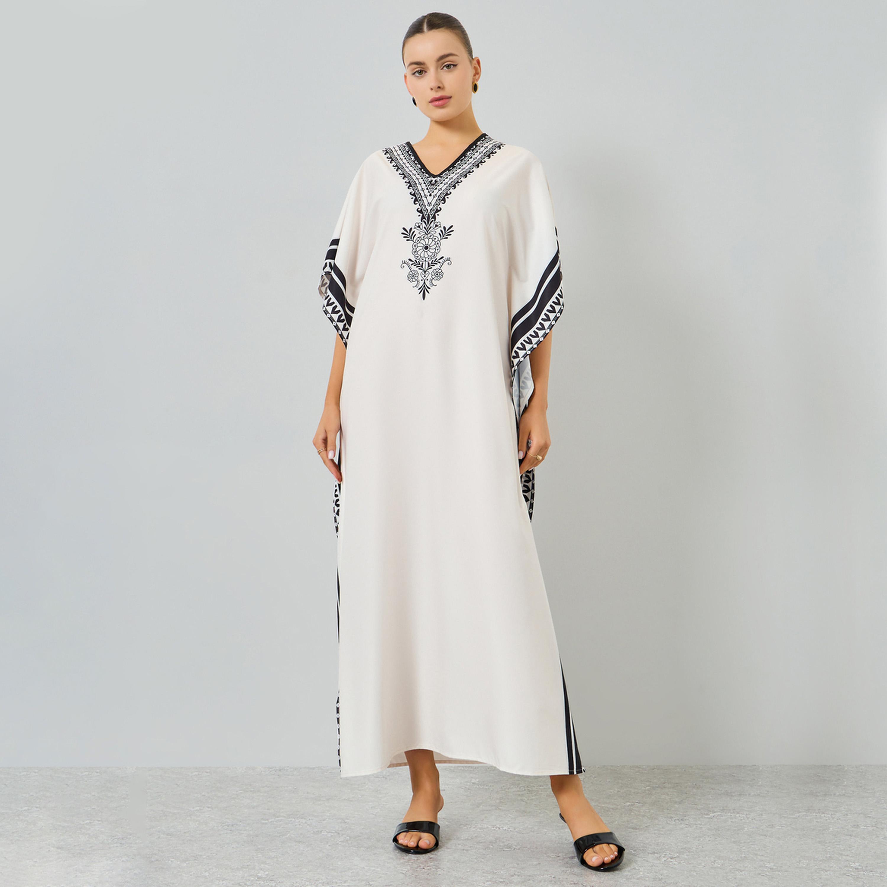 Take Two Beige Graphic Print V-Neck Kaftan-women-arabicclothing-kaftan-image-1