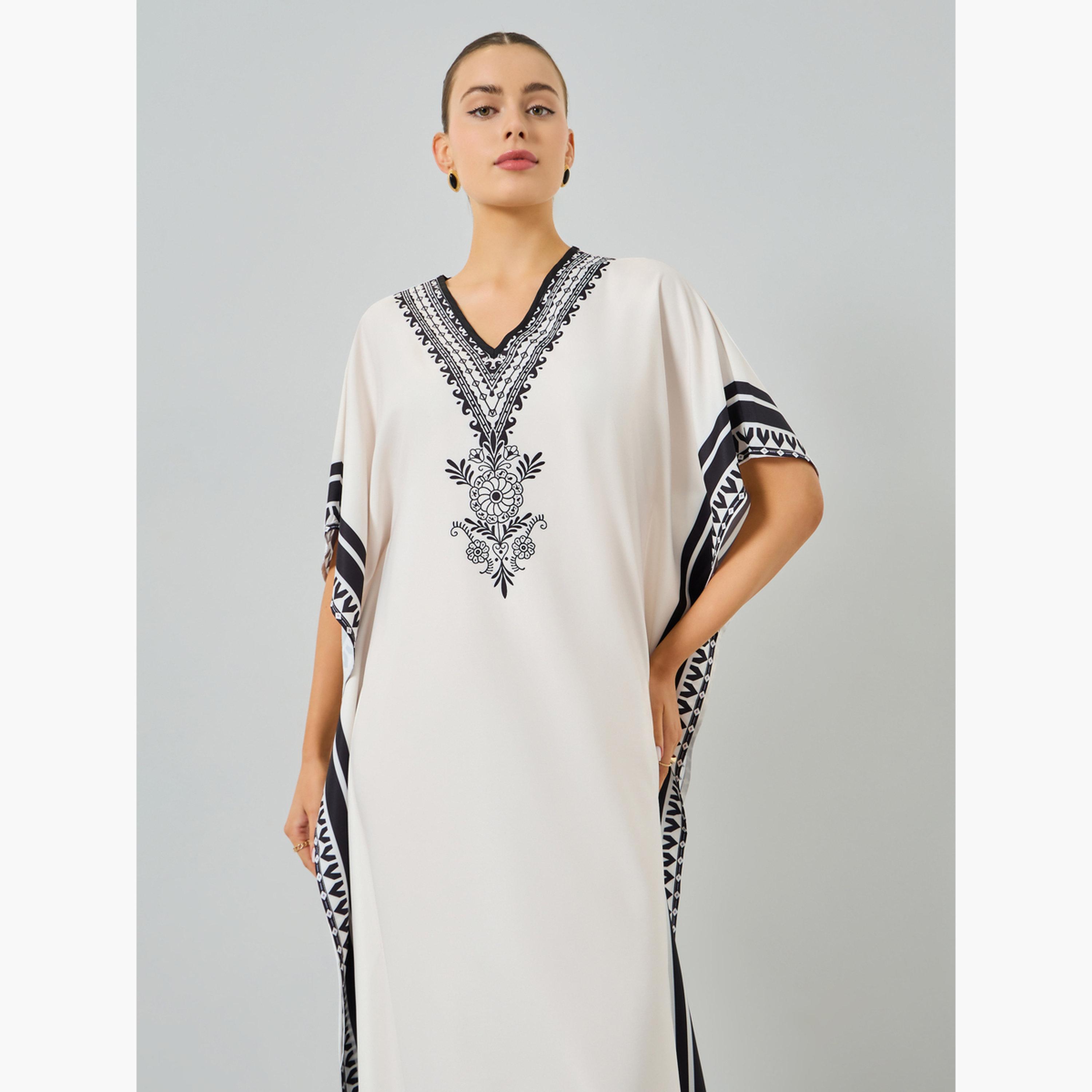Take Two Beige Graphic Print V-Neck Kaftan-women-arabicclothing-kaftan-image-3
