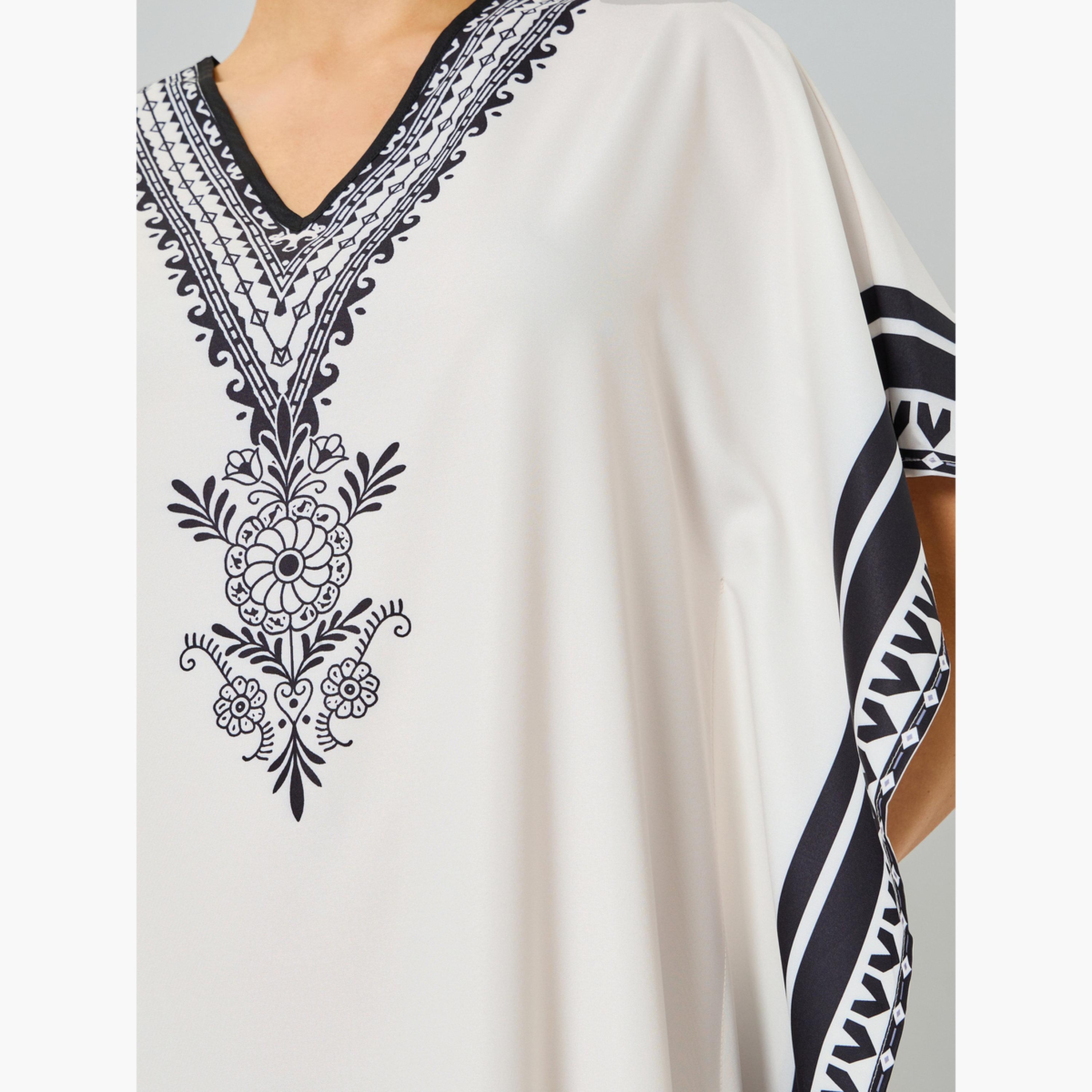 Take Two Beige Graphic Print V-Neck Kaftan-women-arabicclothing-kaftan-image-4