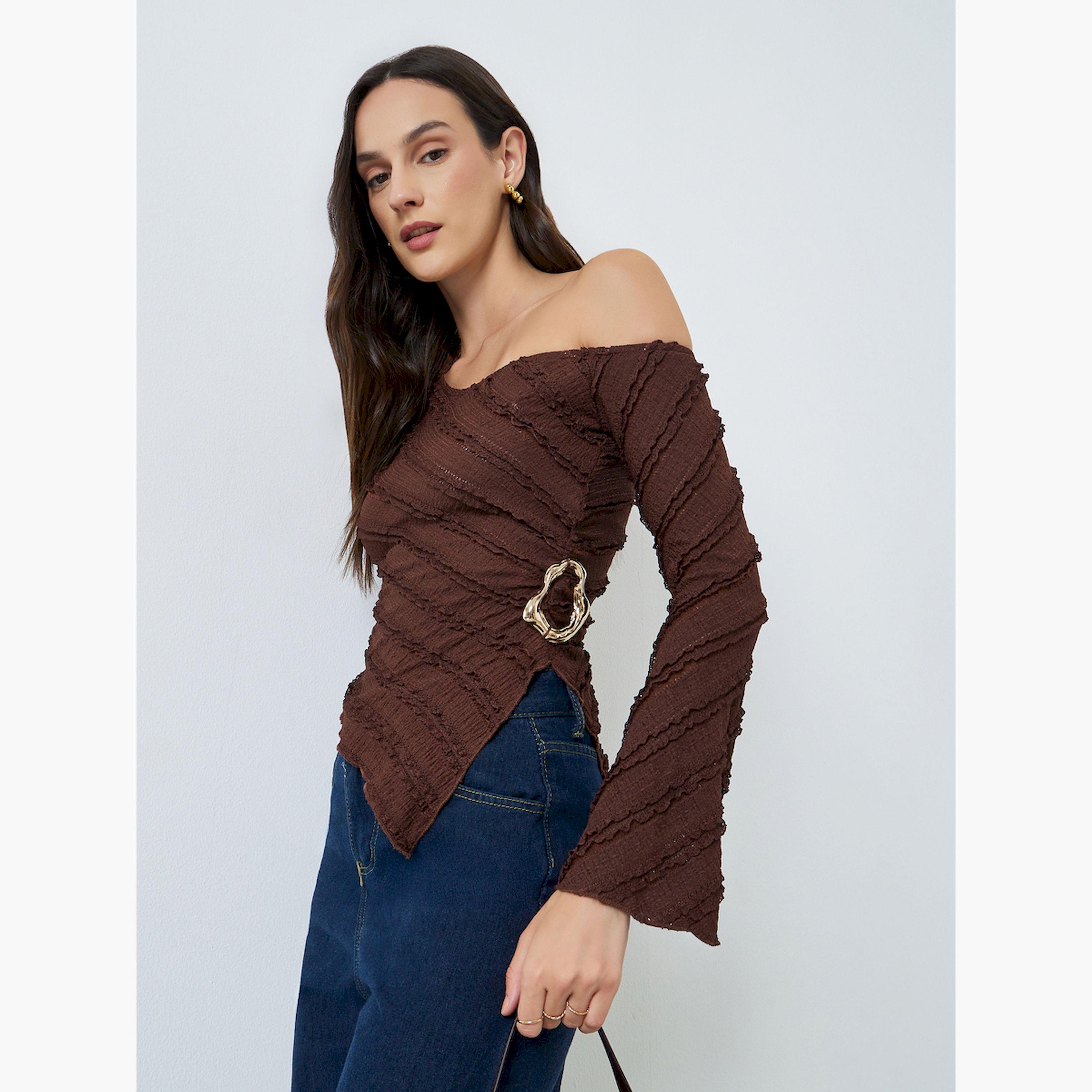 Take Two Brown Textured One-Shoulder Top-women-clothing-shirtsandblouses-blouses-image-3