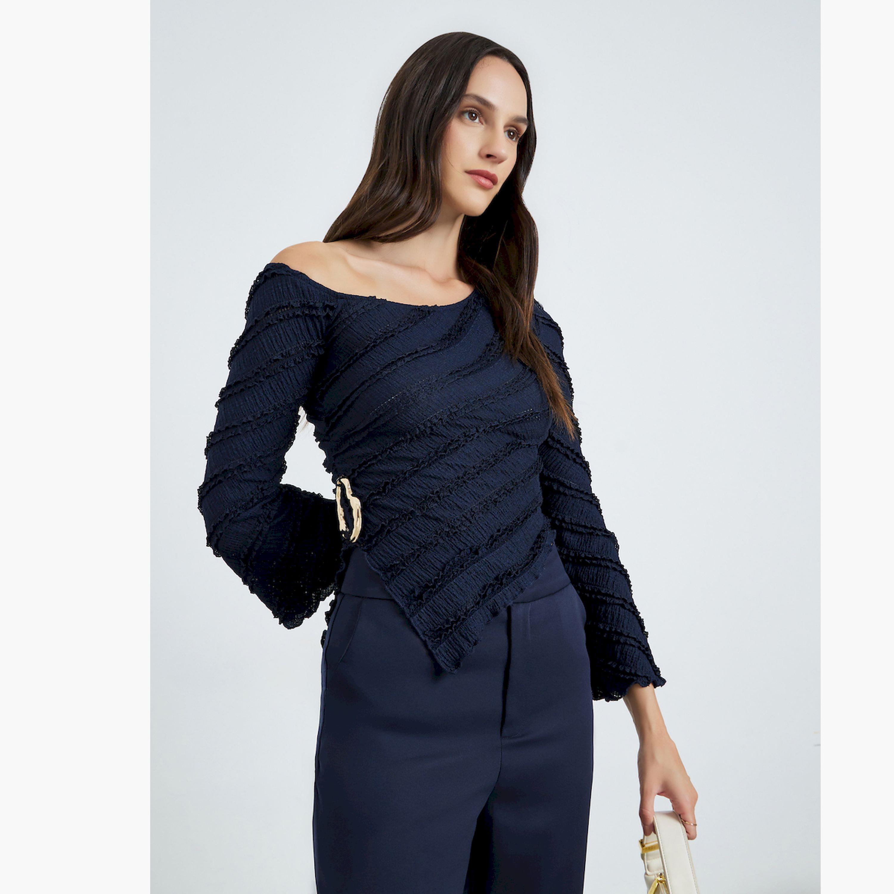 Take Two Dark Blue Textured One-Shoulder Top-women-clothing-shirtsandblouses-blouses-image-1
