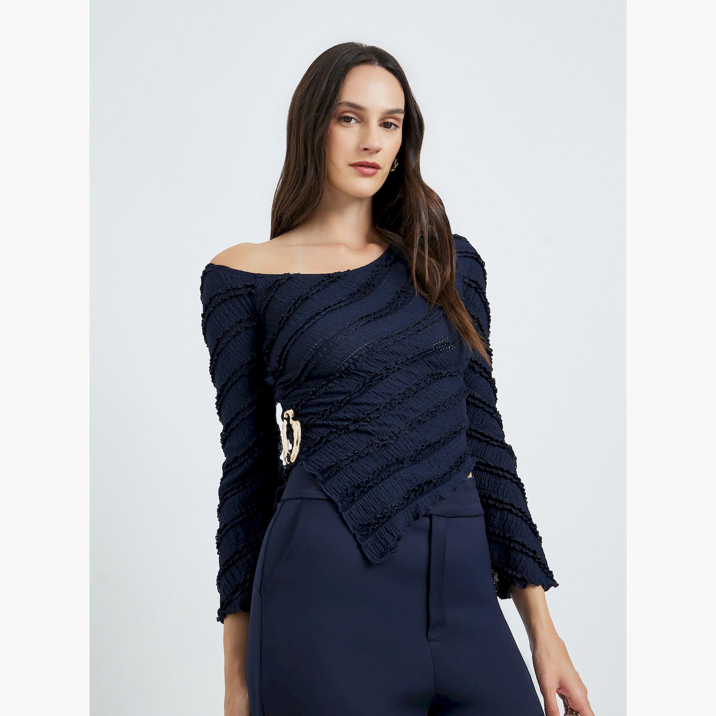 Take Two Dark Blue Textured One-Shoulder Top-women-clothing-shirtsandblouses-blouses-image-3