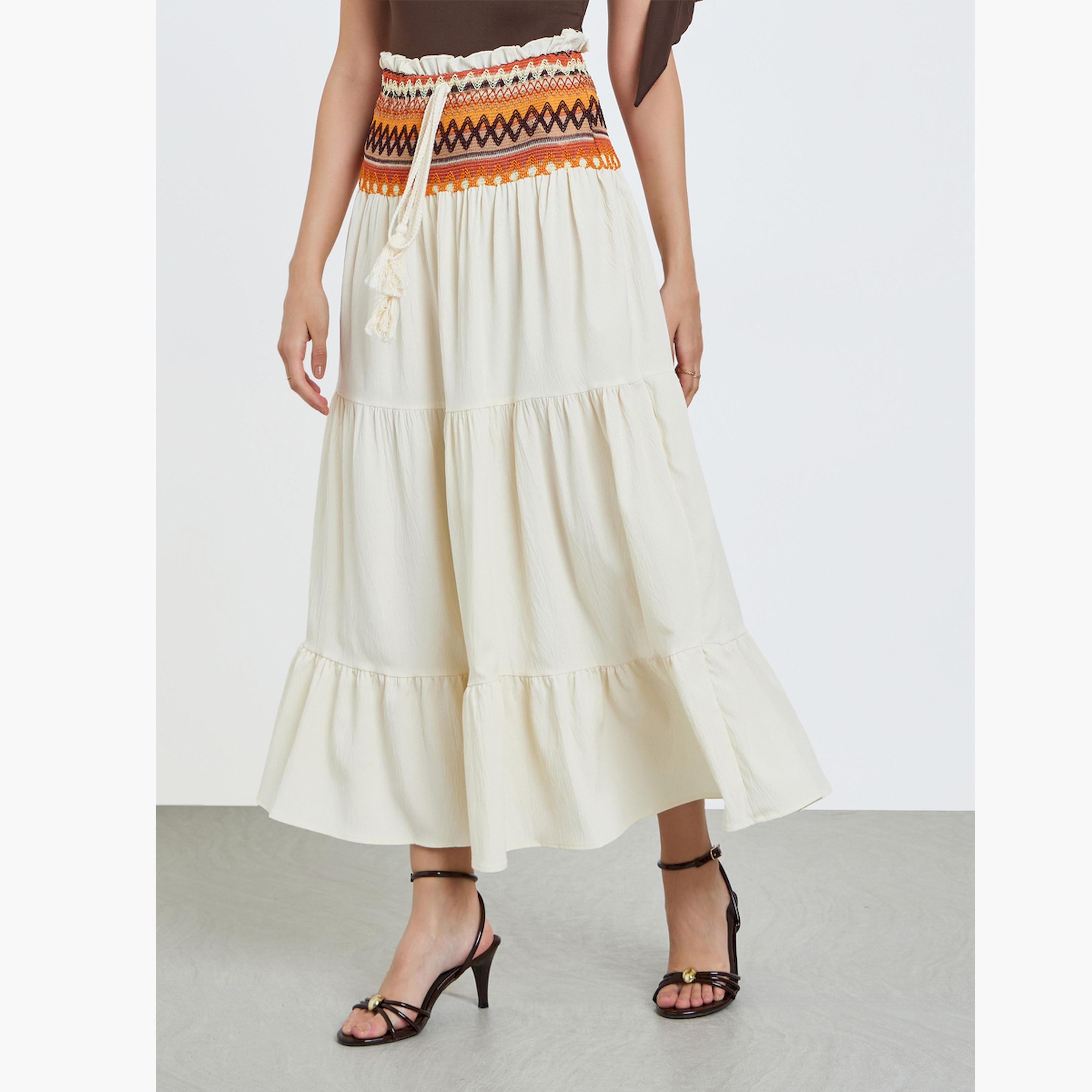 تنورة ماكسي بتفاصيل عرقية عند الخصر وقصة بحافة واسعة-women-clothing-bottoms-skirts-image-1