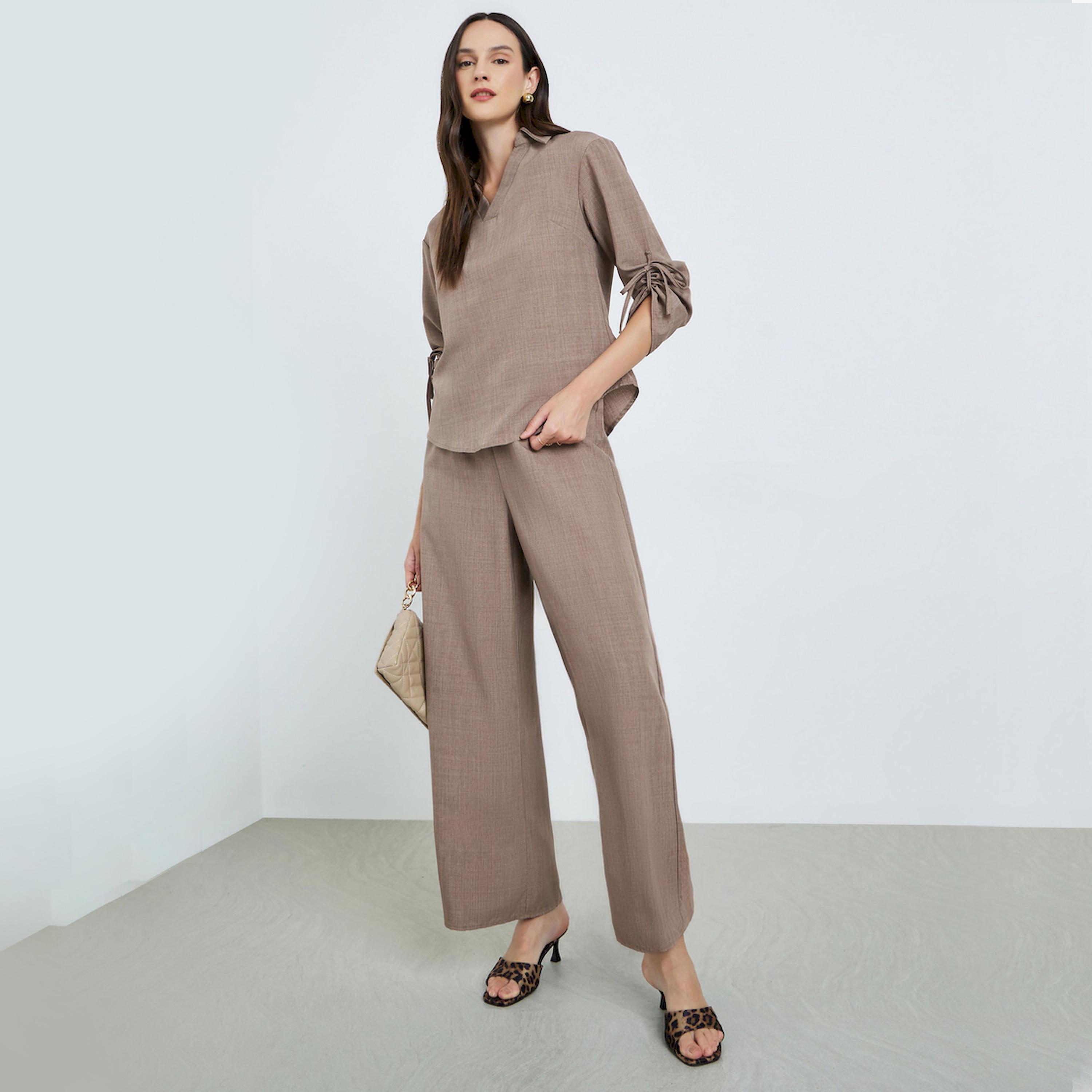 Take Two X Styli Tan Linen Tie-Sleeve Top and Trousers Co-Ords-women-clothing-coordsets-image-1