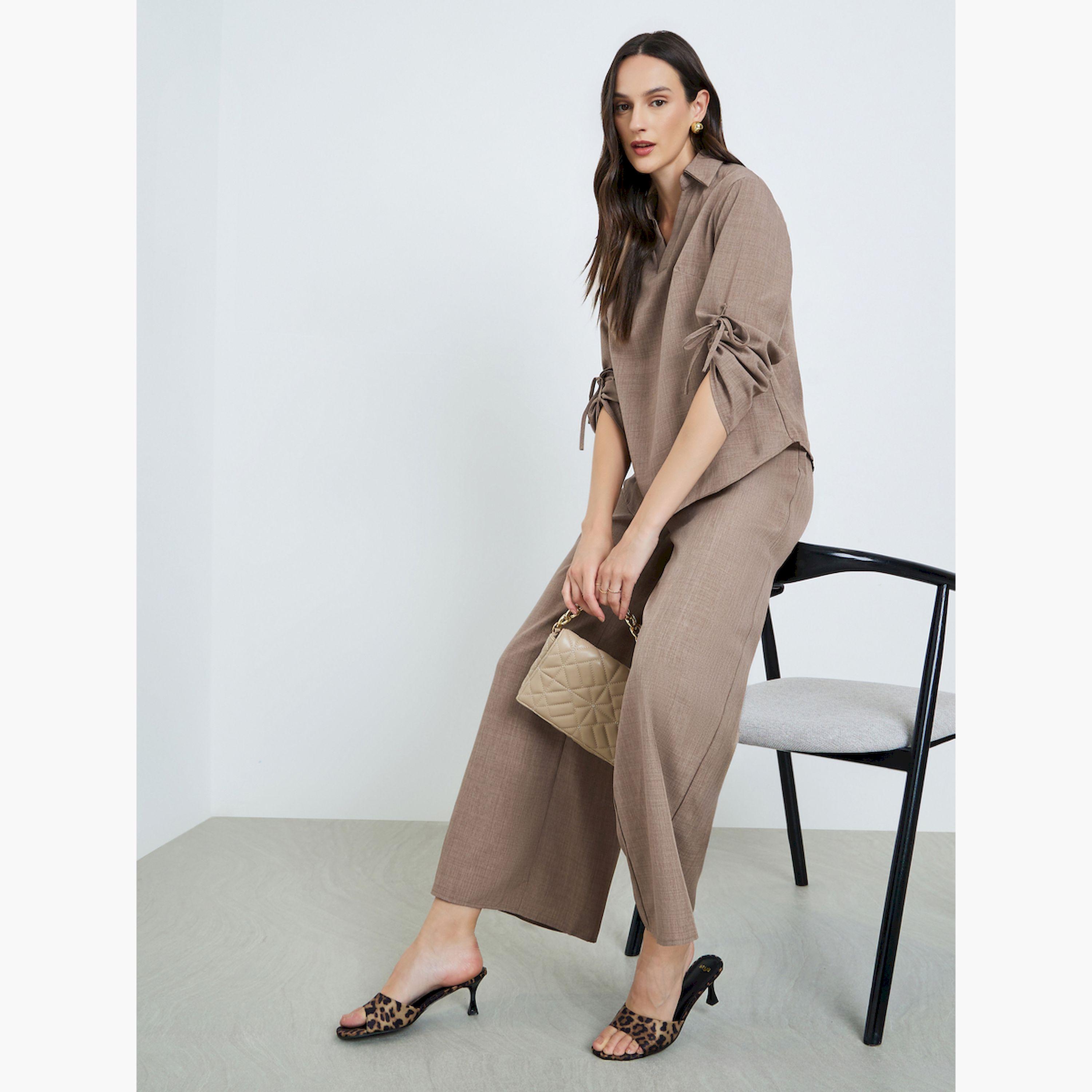Take Two X Styli Tan Linen Tie-Sleeve Top and Trousers Co-Ords-women-clothing-coordsets-image-2