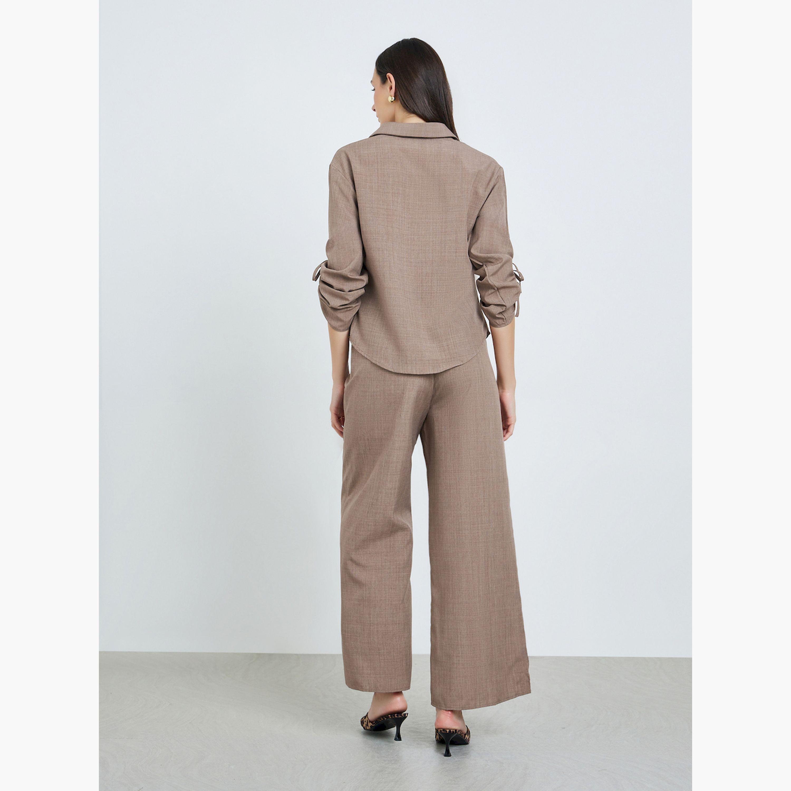 طقم بنطال وبلوزة كتان بأكمام برباط-women-clothing-coordsets-image-6