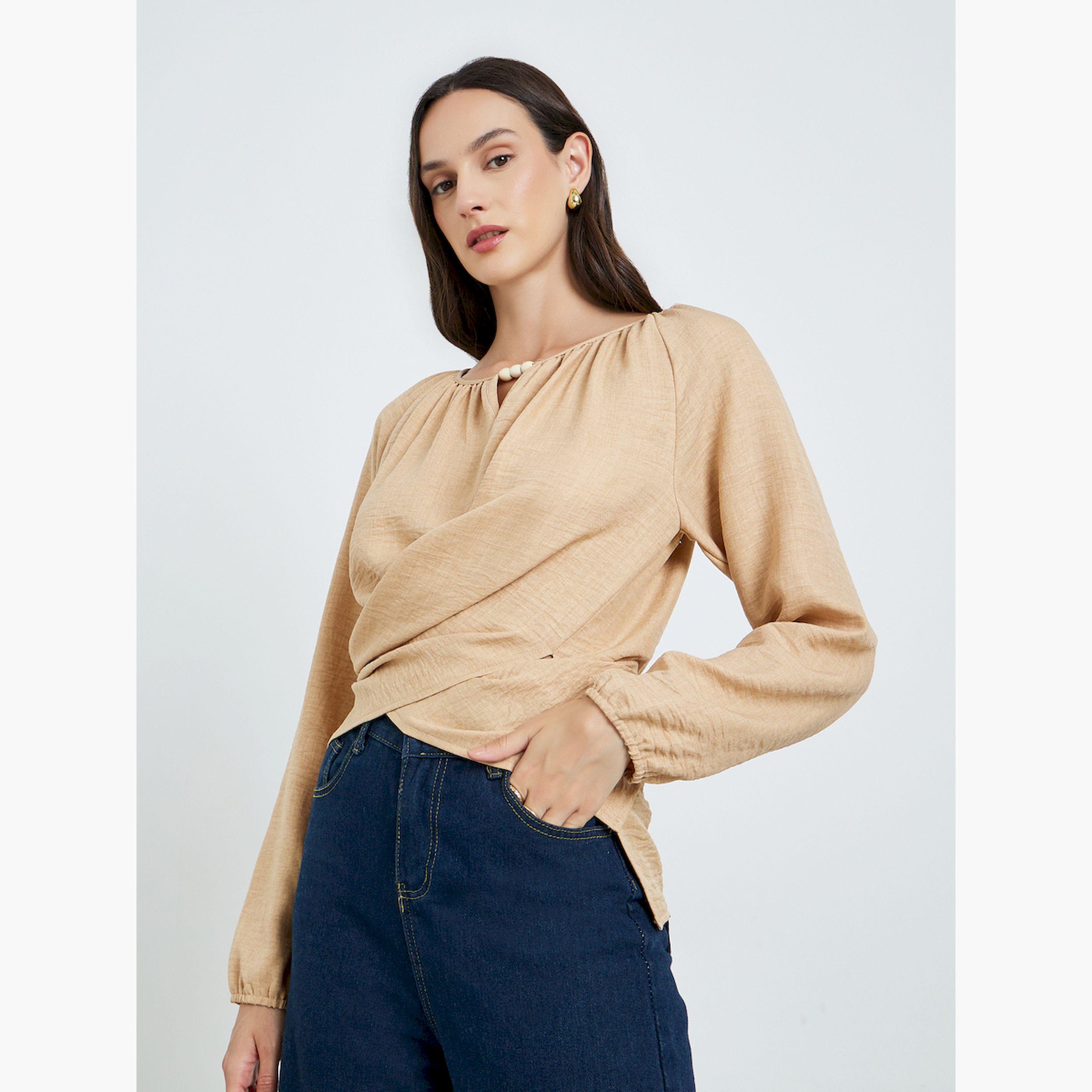 بلوزة بنمط ملفوف وأكمام طويلة-women-clothing-shirtsandblouses-blouses-image-1