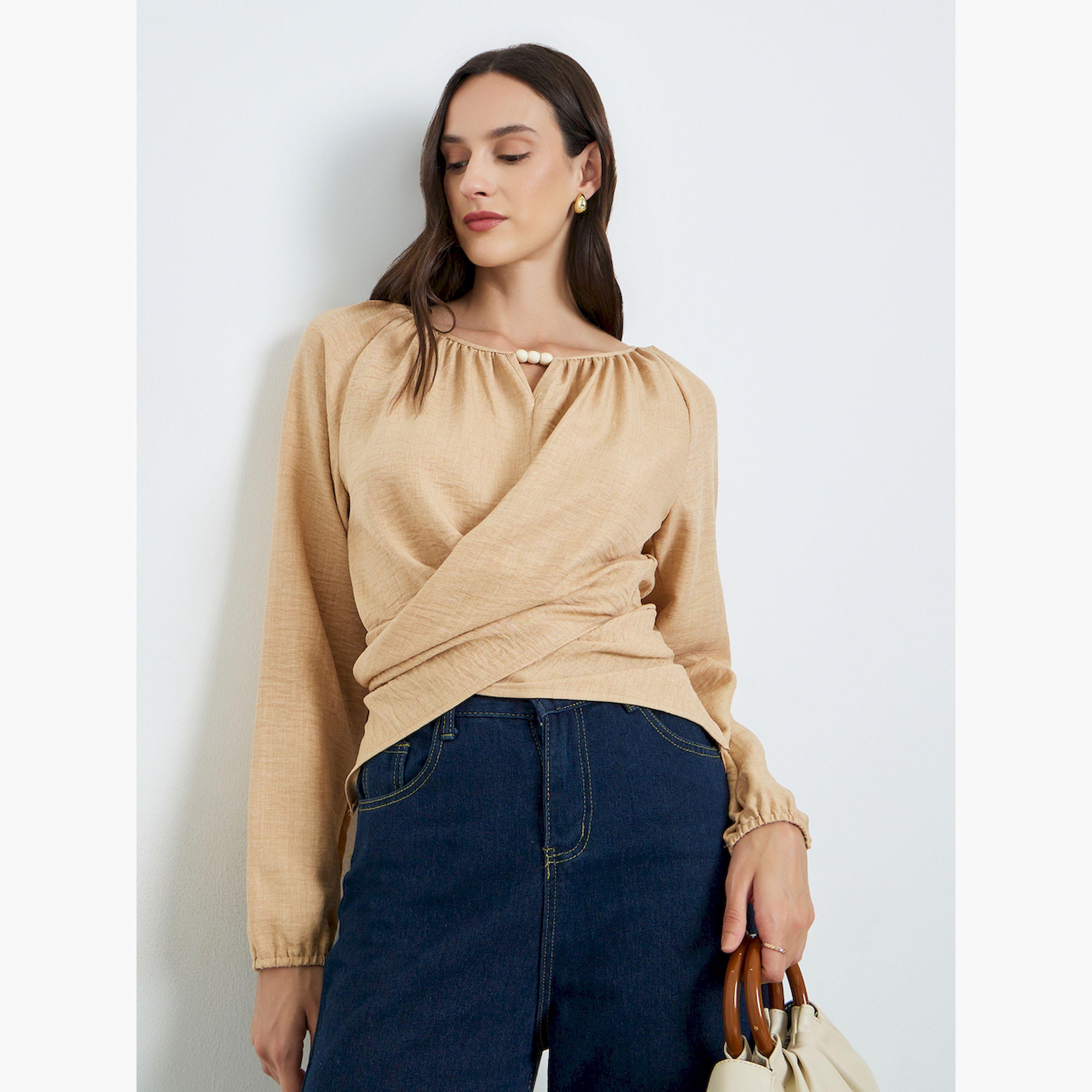 Take Two Beige Long Sleeve Wrap Blouse-women-clothing-shirtsandblouses-blouses-image-3