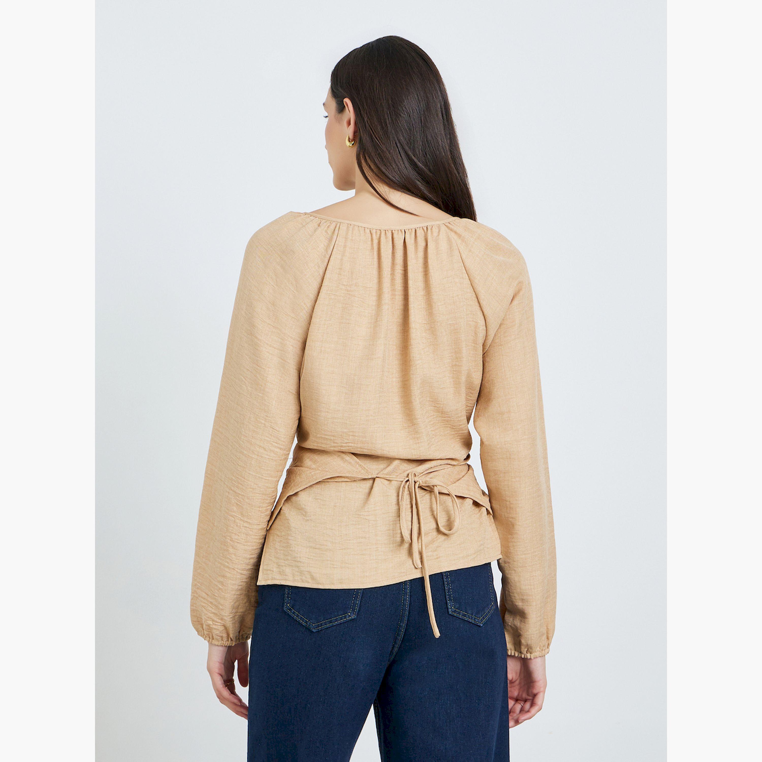 Take Two Beige Long Sleeve Wrap Blouse-women-clothing-shirtsandblouses-blouses-image-4