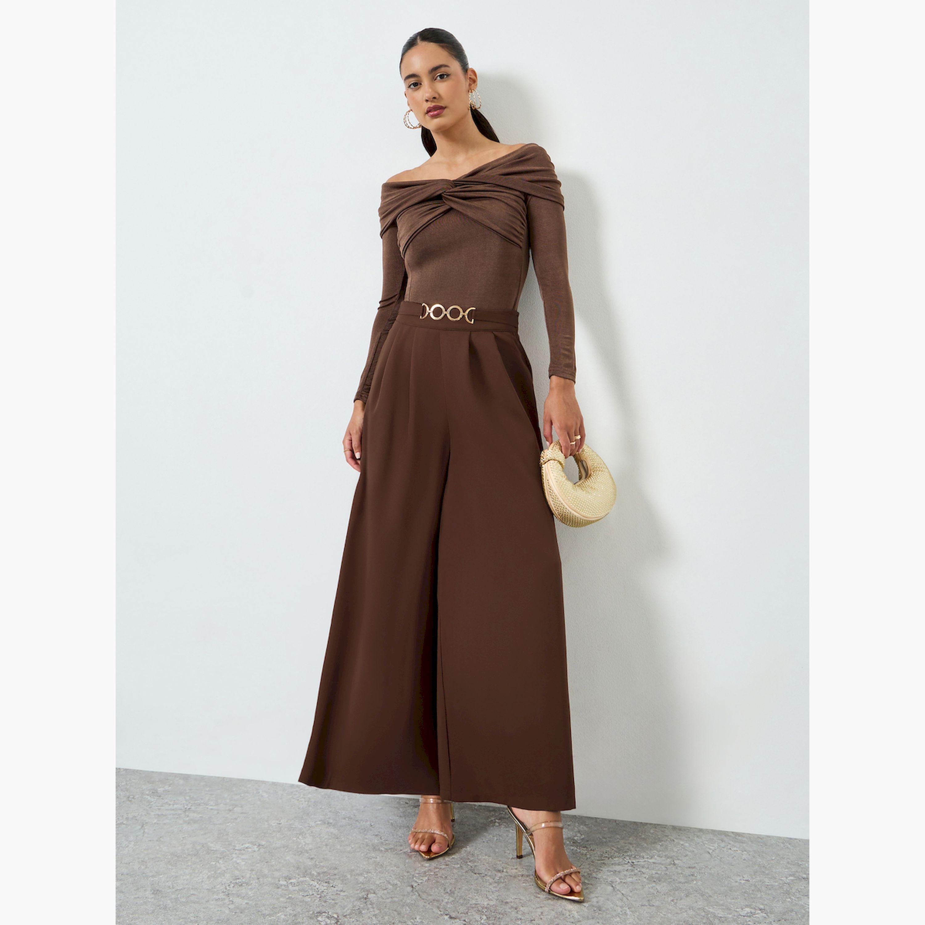 بنطال بني بكسرات وأرجل واسعة-women-clothing-bottoms-trousers-image-2