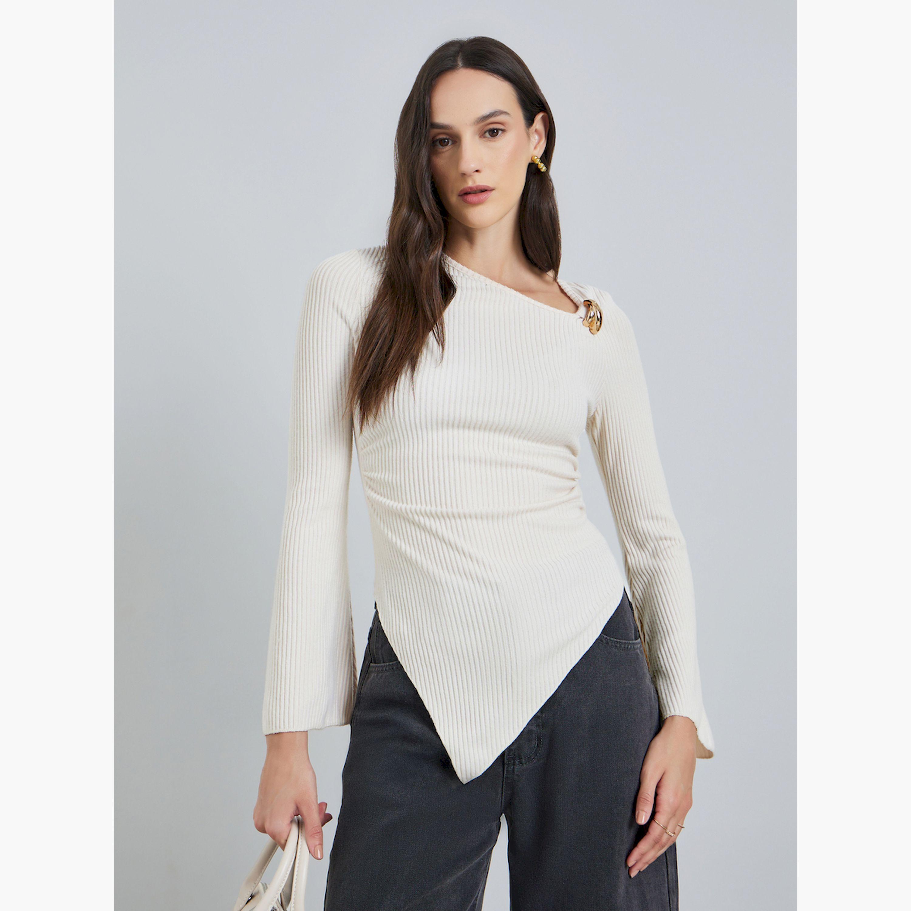 بلوزة مضلعة بياقة غير متماثلة-women-clothing-shirtsandblouses-blouses-image-1