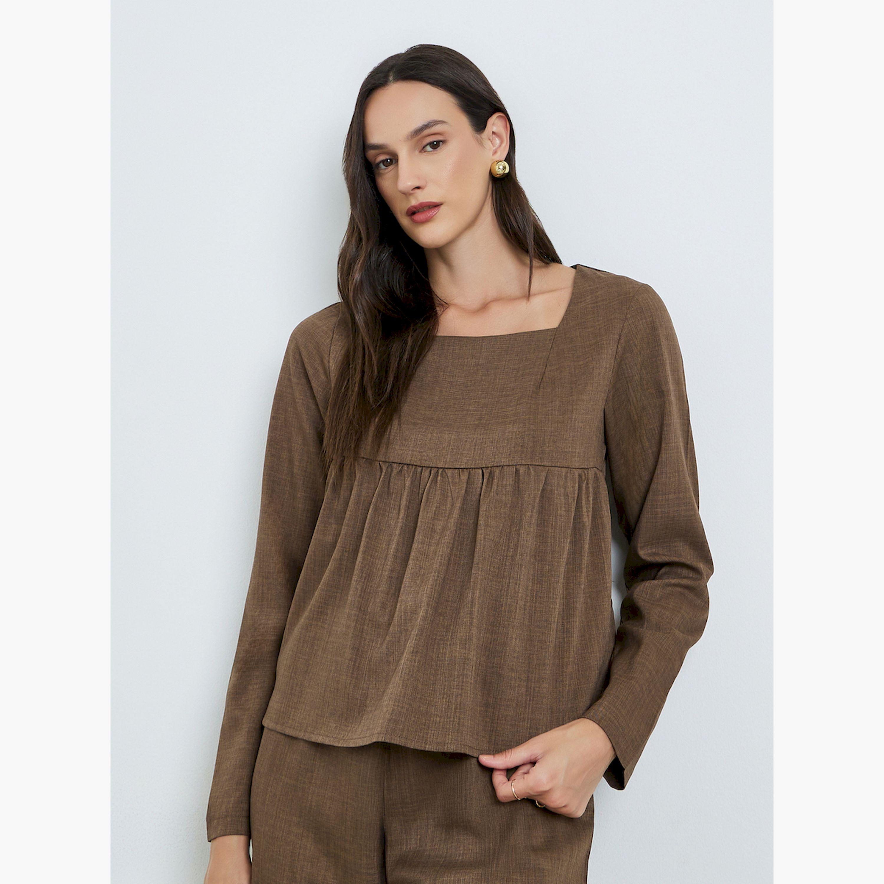 طقم بنطال وبلوزة كتان بياقة مربعة-women-clothing-coordsets-image-2