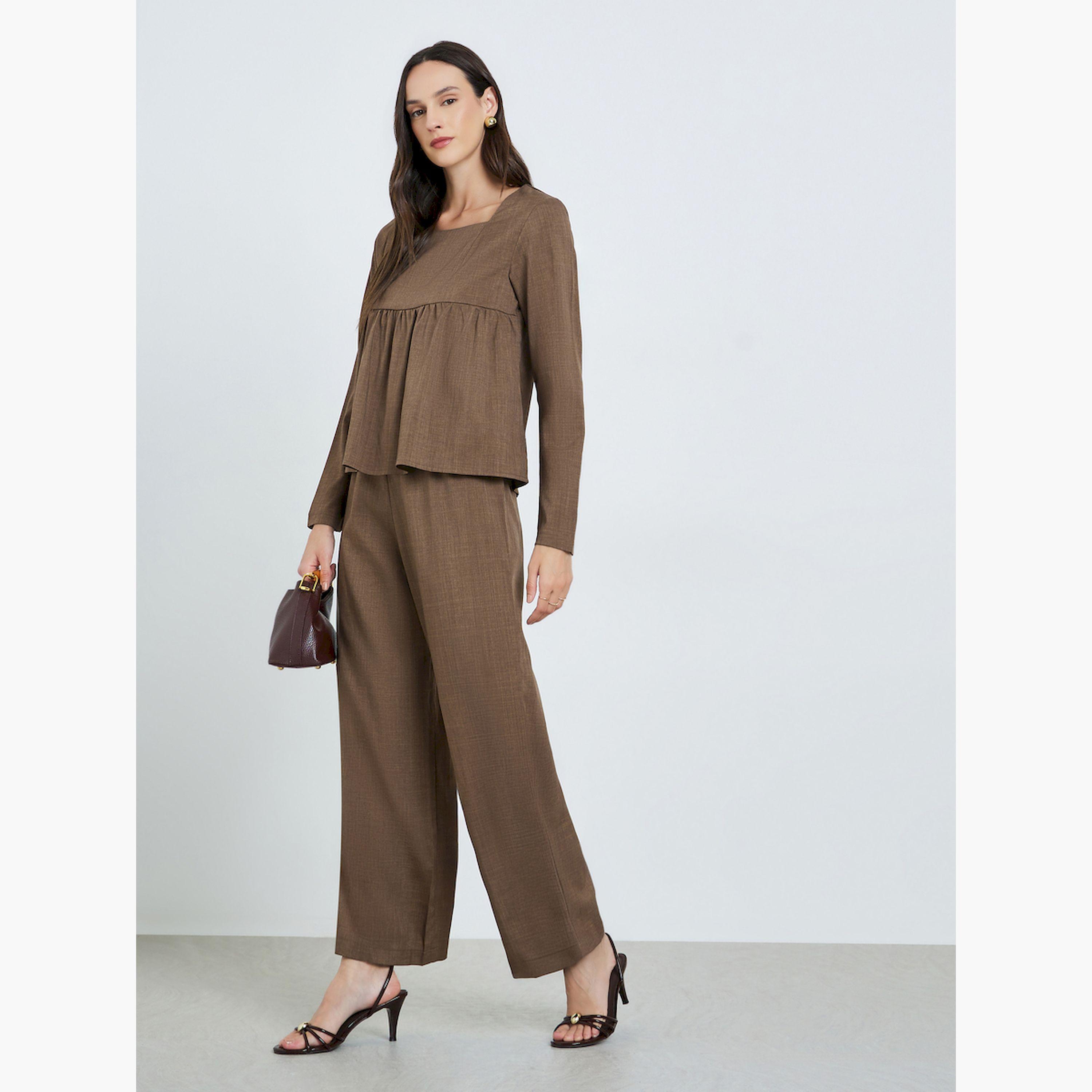 Take Two X Styli Brown Square Neck Linen Top and Trousers Co-Ords-women-clothing-coordsets-image-3
