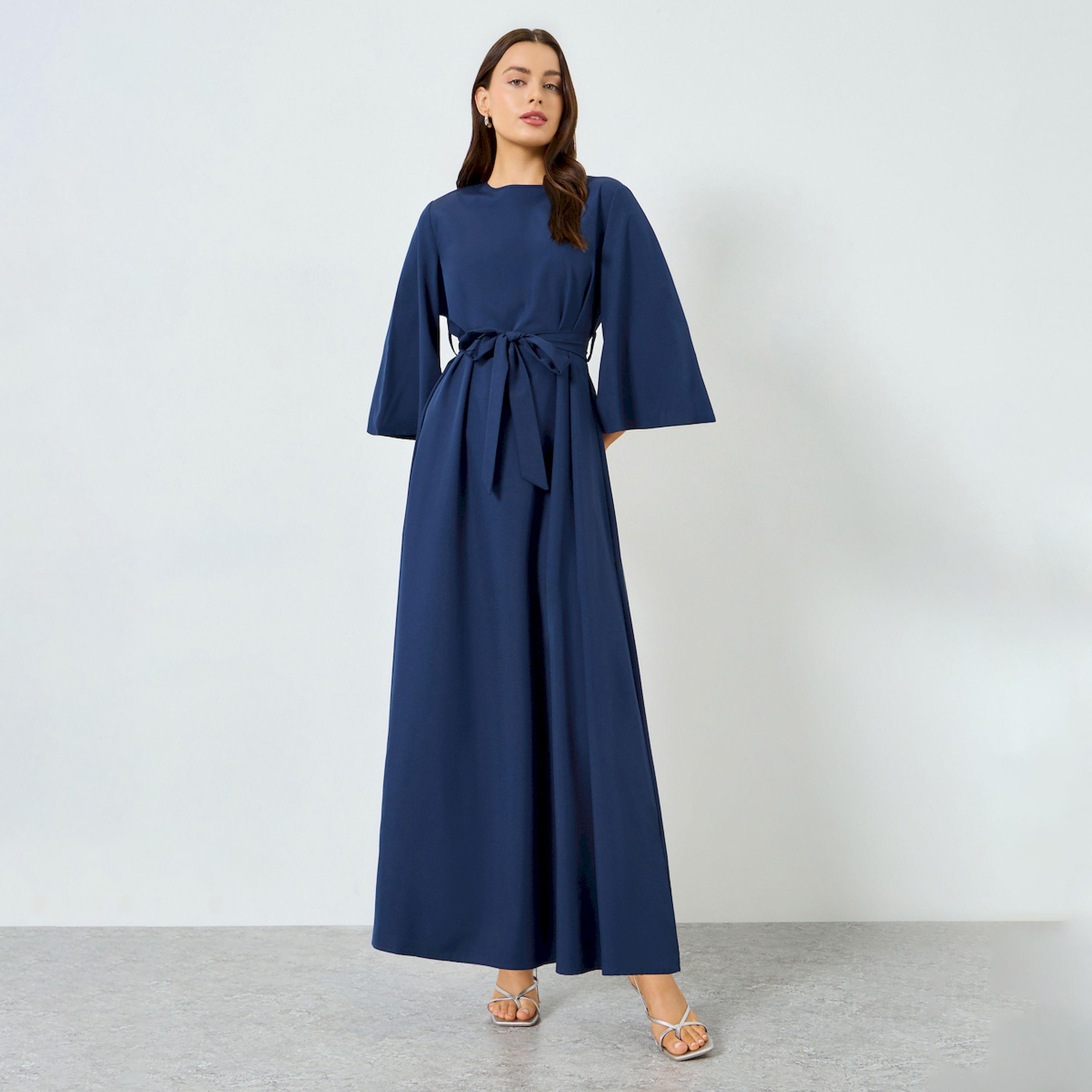 Take Two Dark Blue Bell Sleeve Waist-Tie Maxi Dress-women-clothing-dresses-image-1