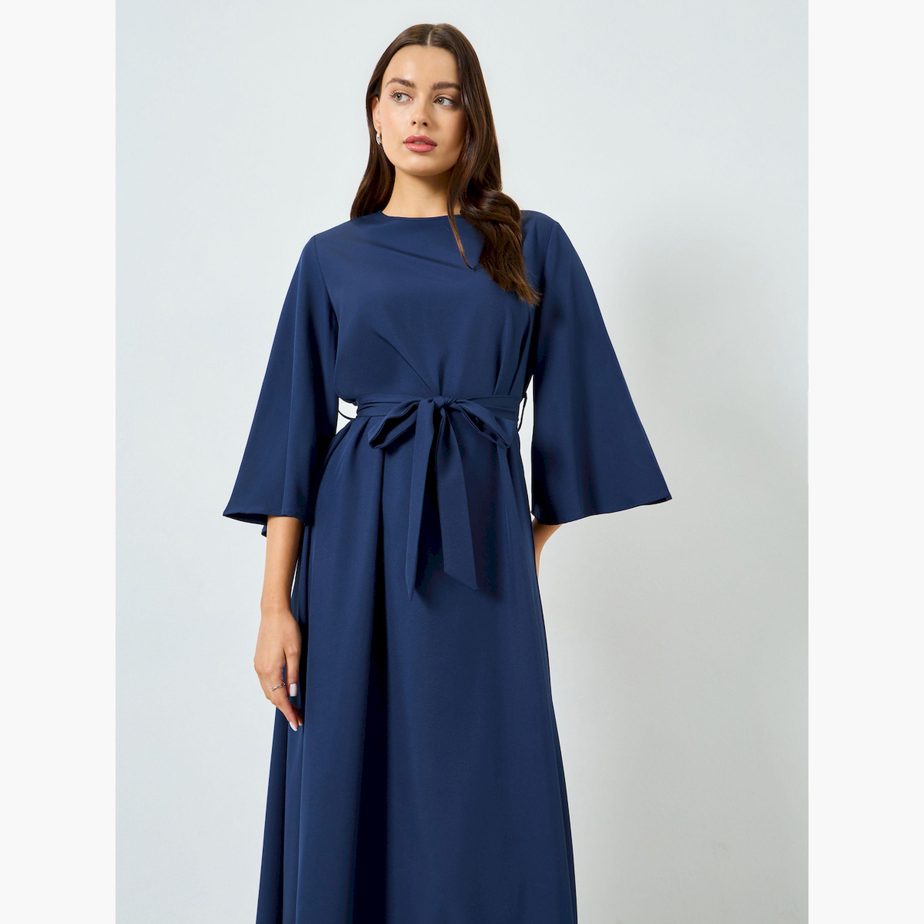 Take Two Dark Blue Bell Sleeve Waist-Tie Maxi Dress-women-clothing-dresses-image-3