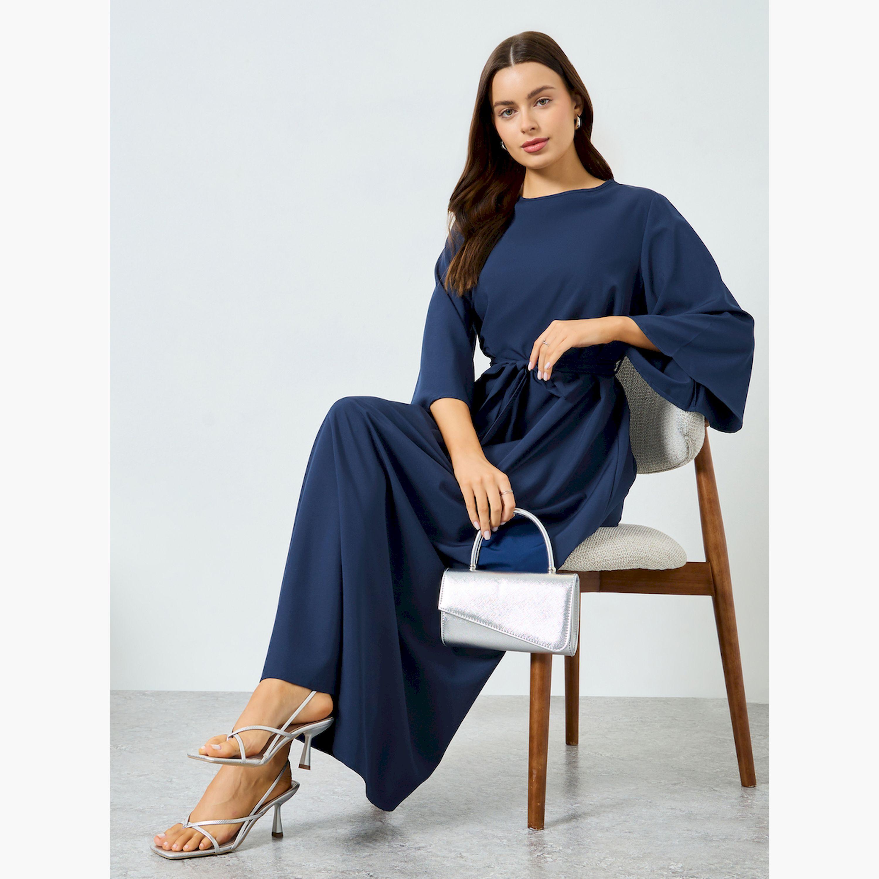 Take Two Dark Blue Bell Sleeve Waist-Tie Maxi Dress-women-clothing-dresses-image-4