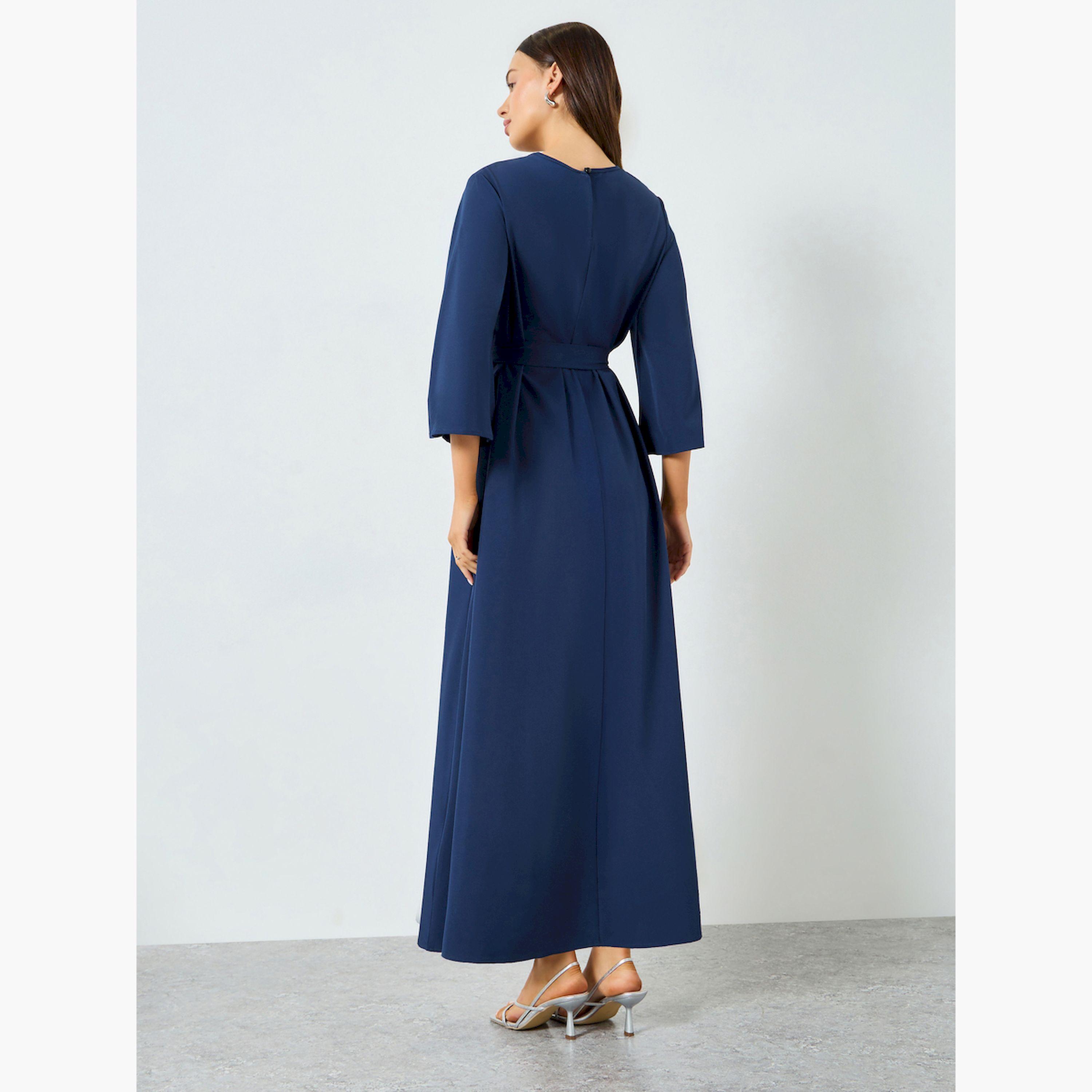 Take Two Dark Blue Bell Sleeve Waist-Tie Maxi Dress-women-clothing-dresses-image-5