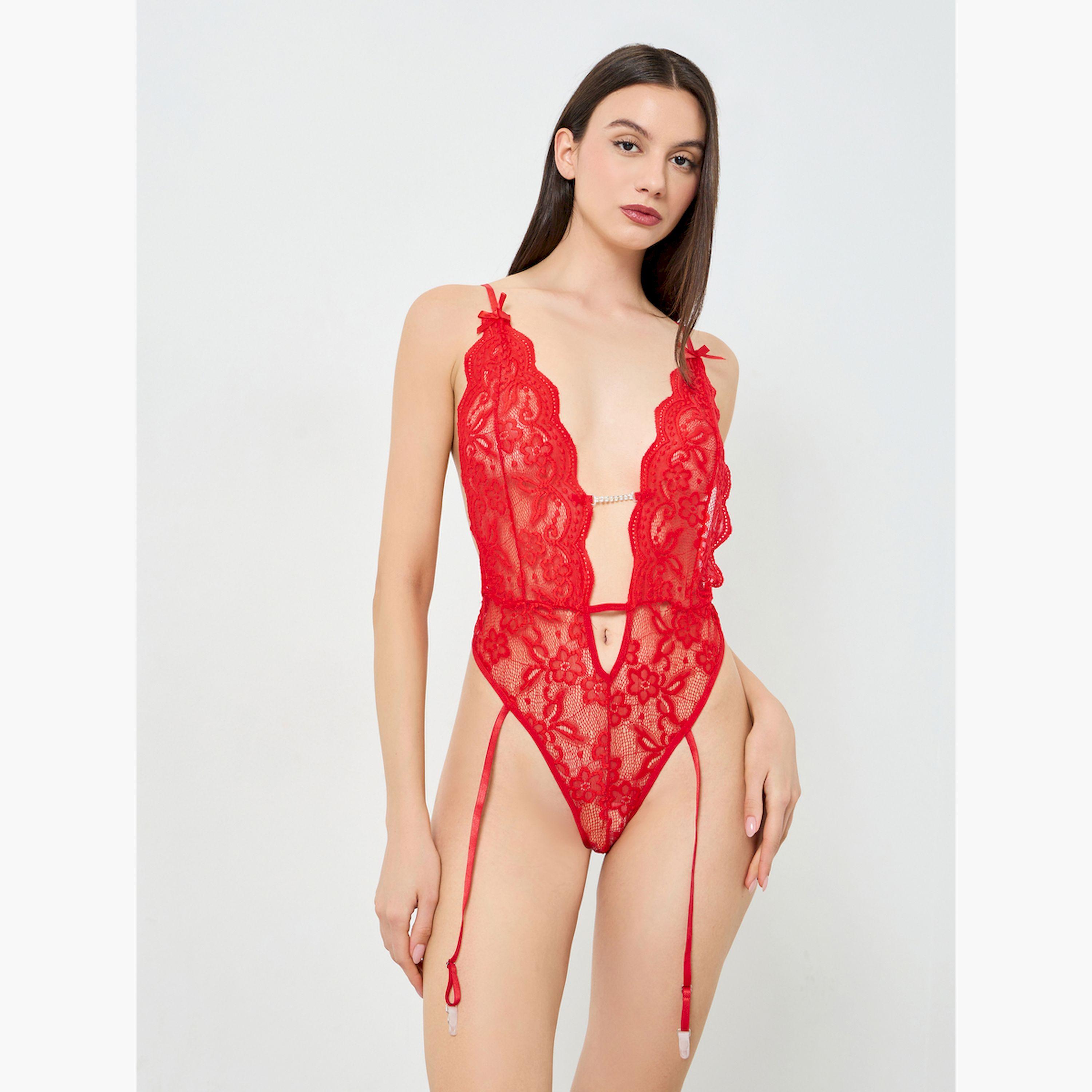 Take Two Red Lace and Mesh Babydoll with Garters and Brief Set-women-clothing-lingerie-lingeriesets-image-2