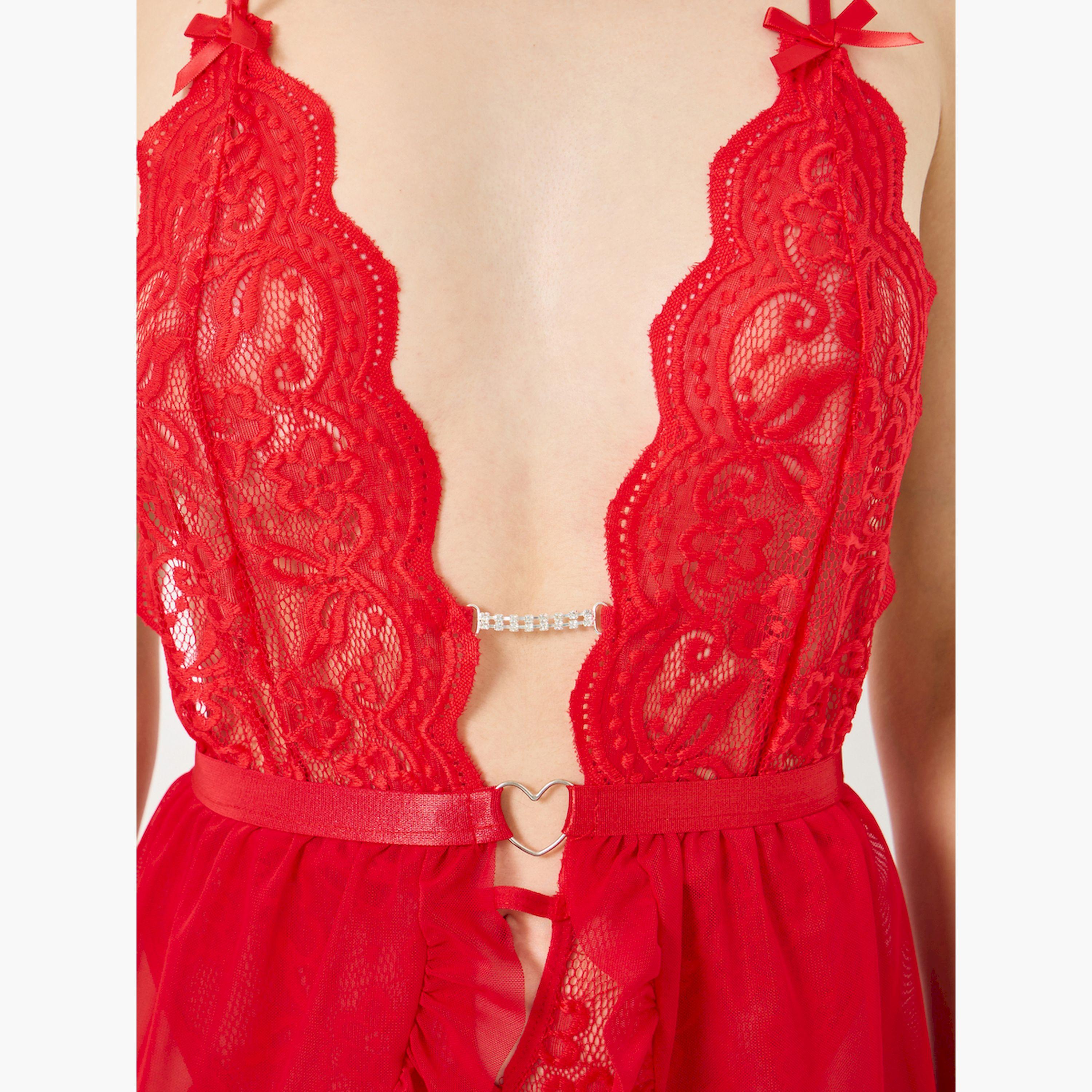 طقم بيبي دول بتفاصيل دانتيل وشبك مع أربطة وسروال داخلي-women-clothing-lingerie-lingeriesets-image-3