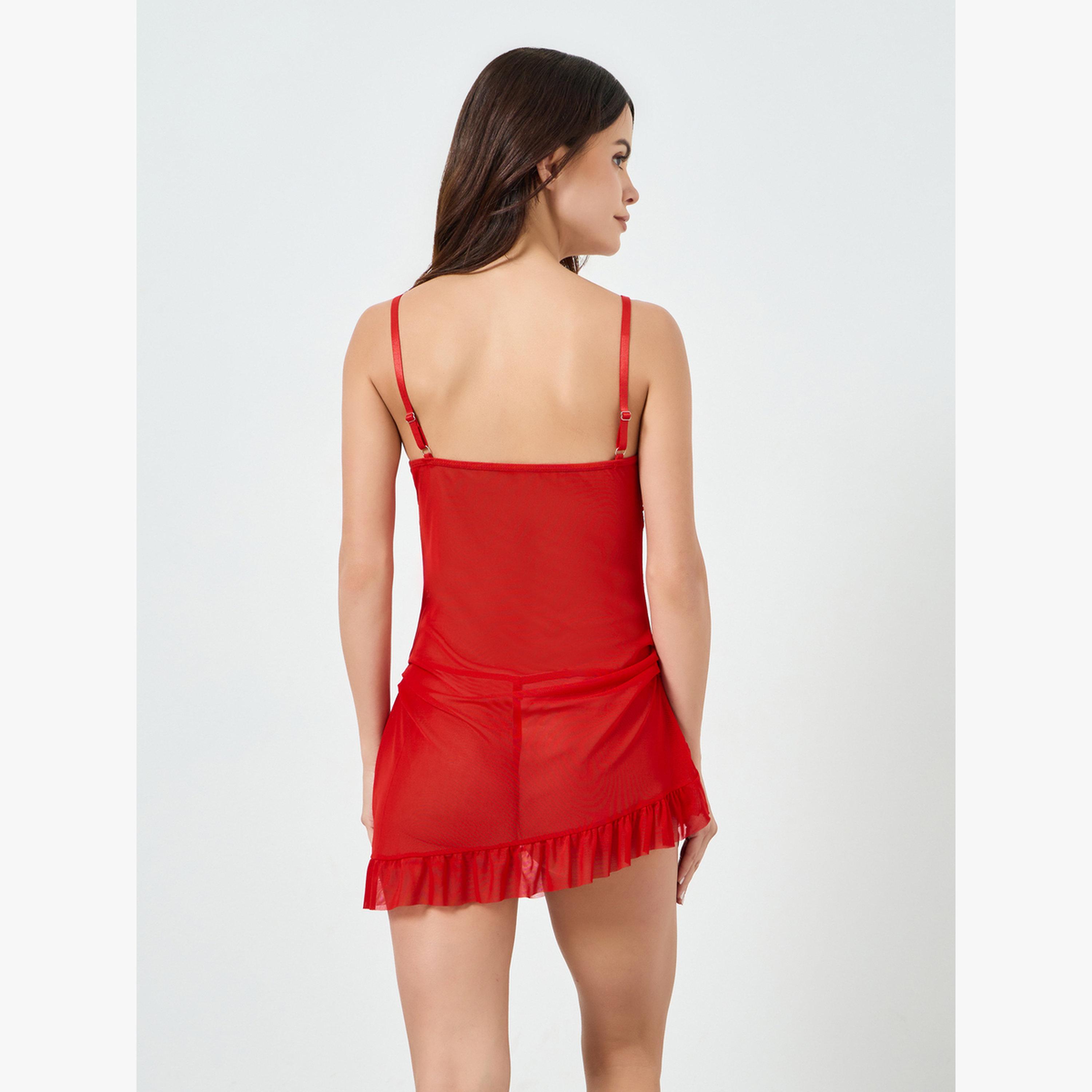مجموعة من فستان قصير دانتيل بحافة كشكش وسروال داخلي-women-clothing-lingerie-babydollsandbodysuits-image-2