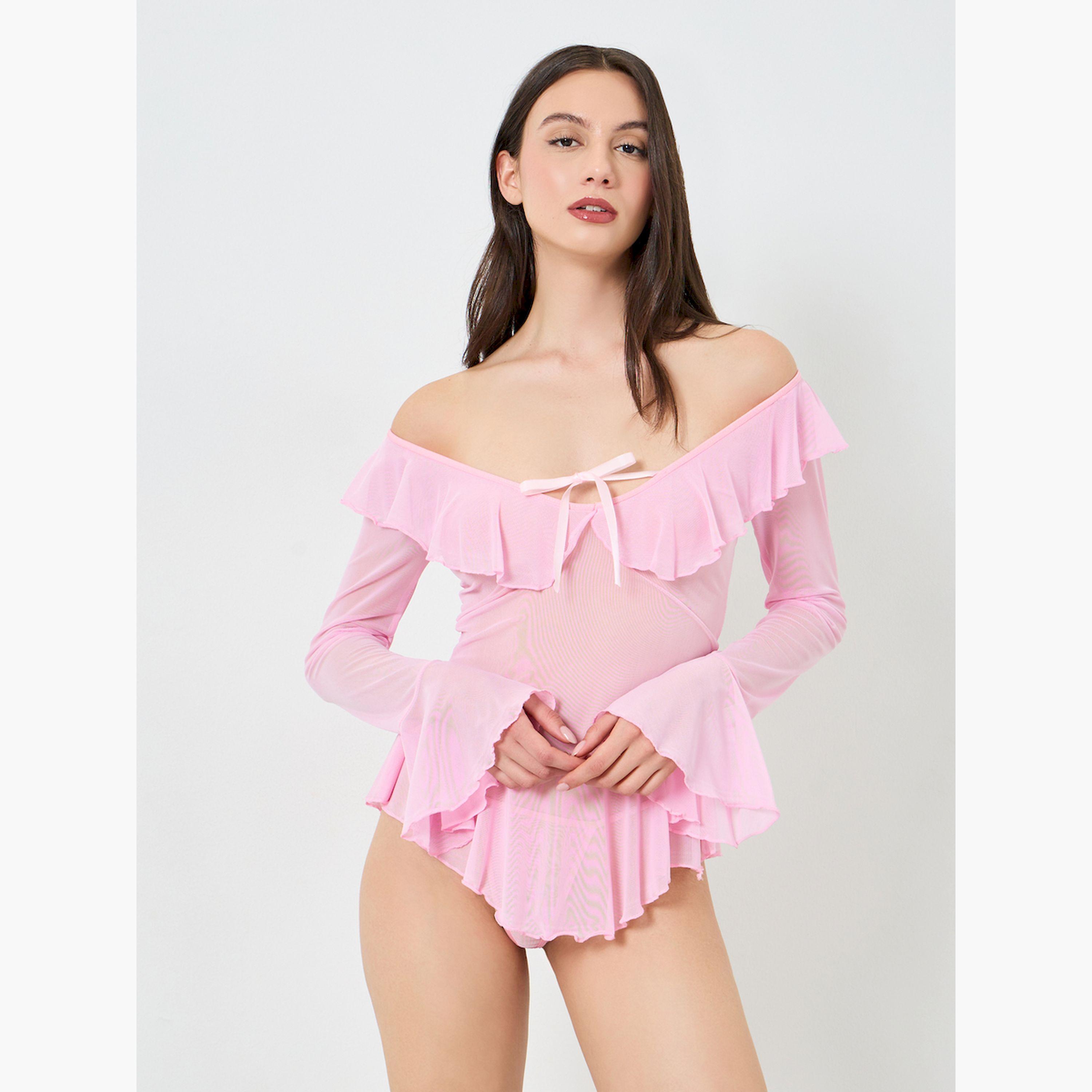 Take Two Pink Mesh Off-Shoulder Ruffle Hem Dress with Brief Set-women-clothing-lingerie-babydollsandbodysuits-image-1