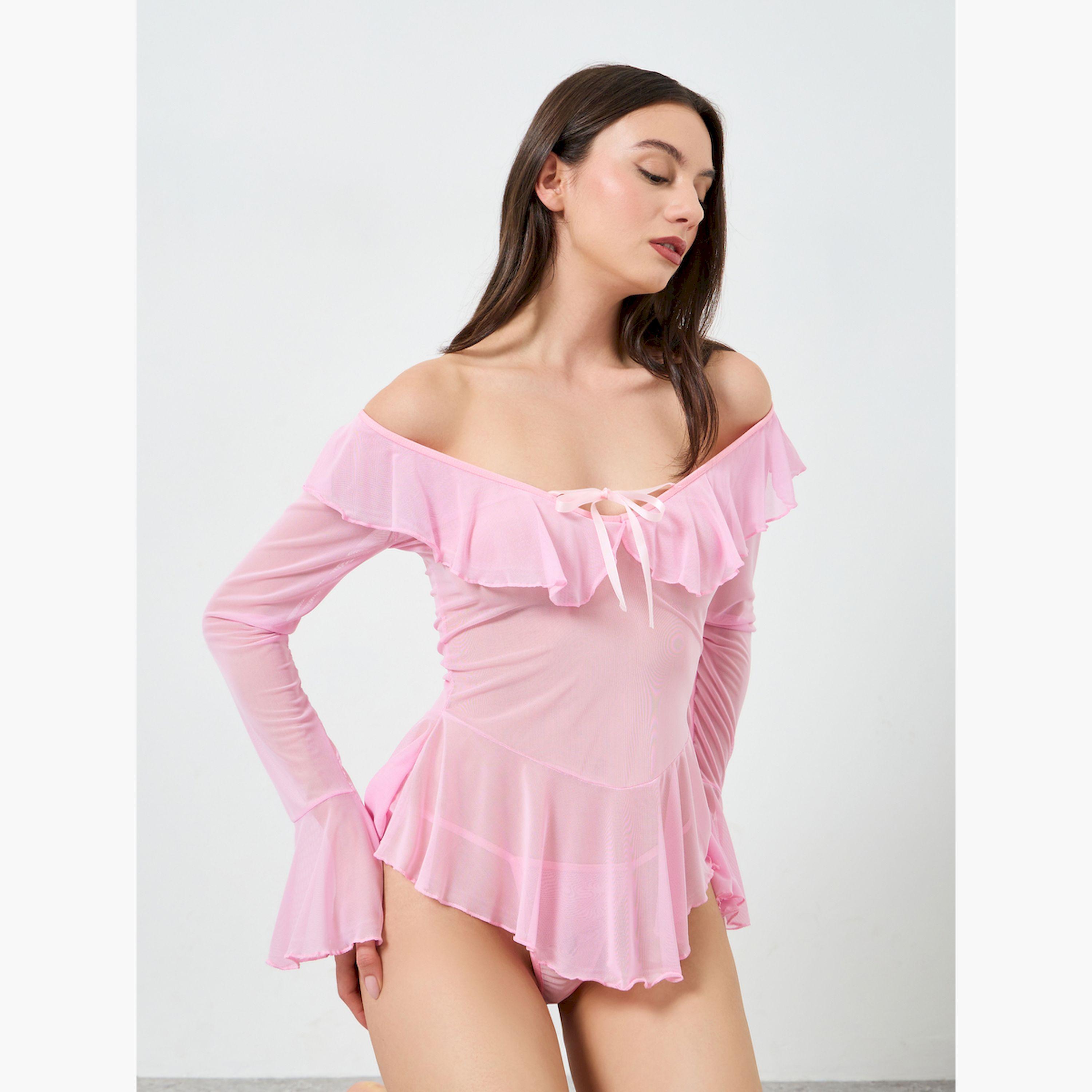 طقم فستان شبكي مكشوف الأكتاف بحافة مكشكشة مع سروال داخلي-women-clothing-lingerie-babydollsandbodysuits-image-2