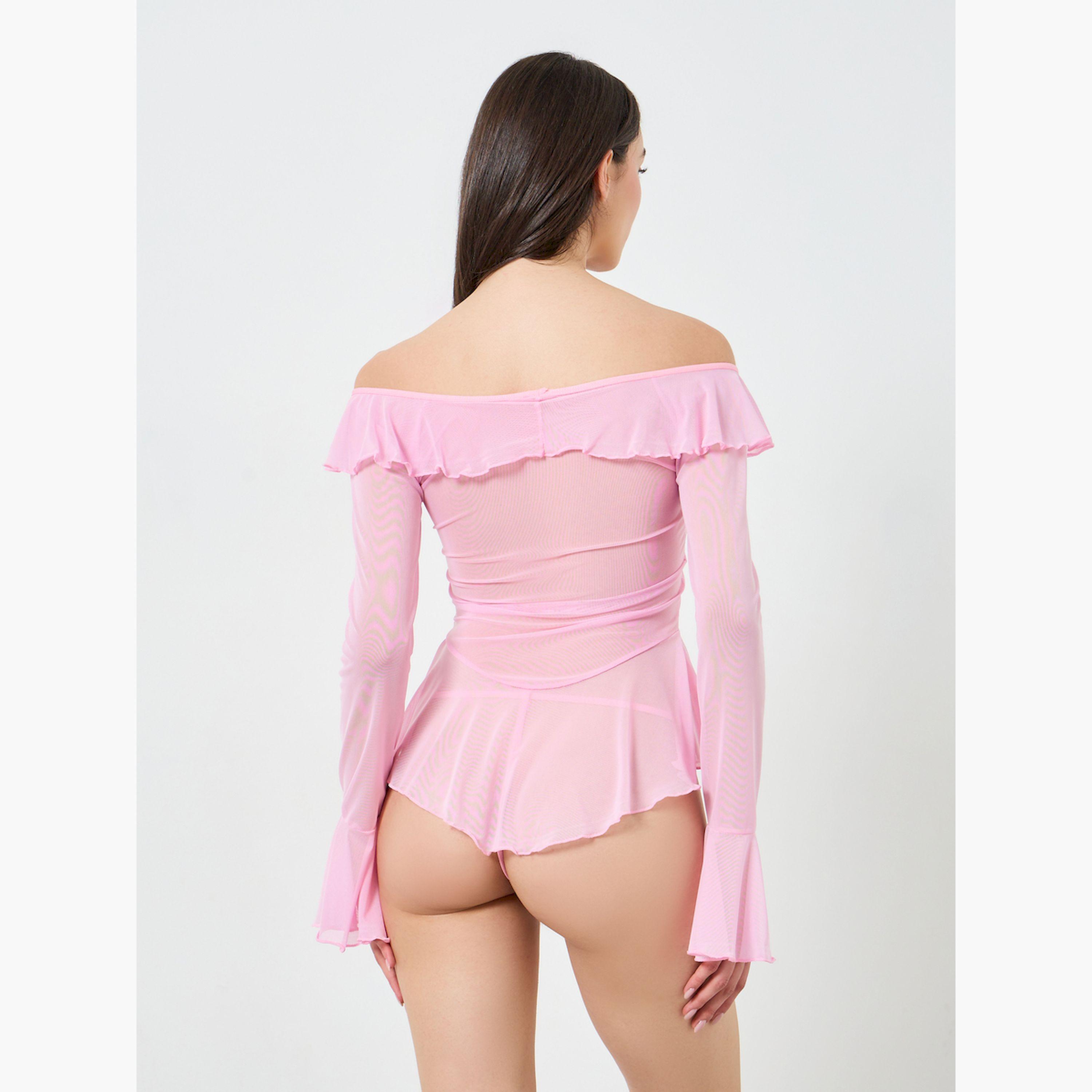طقم فستان شبكي مكشوف الأكتاف بحافة مكشكشة مع سروال داخلي-women-clothing-lingerie-babydollsandbodysuits-image-5
