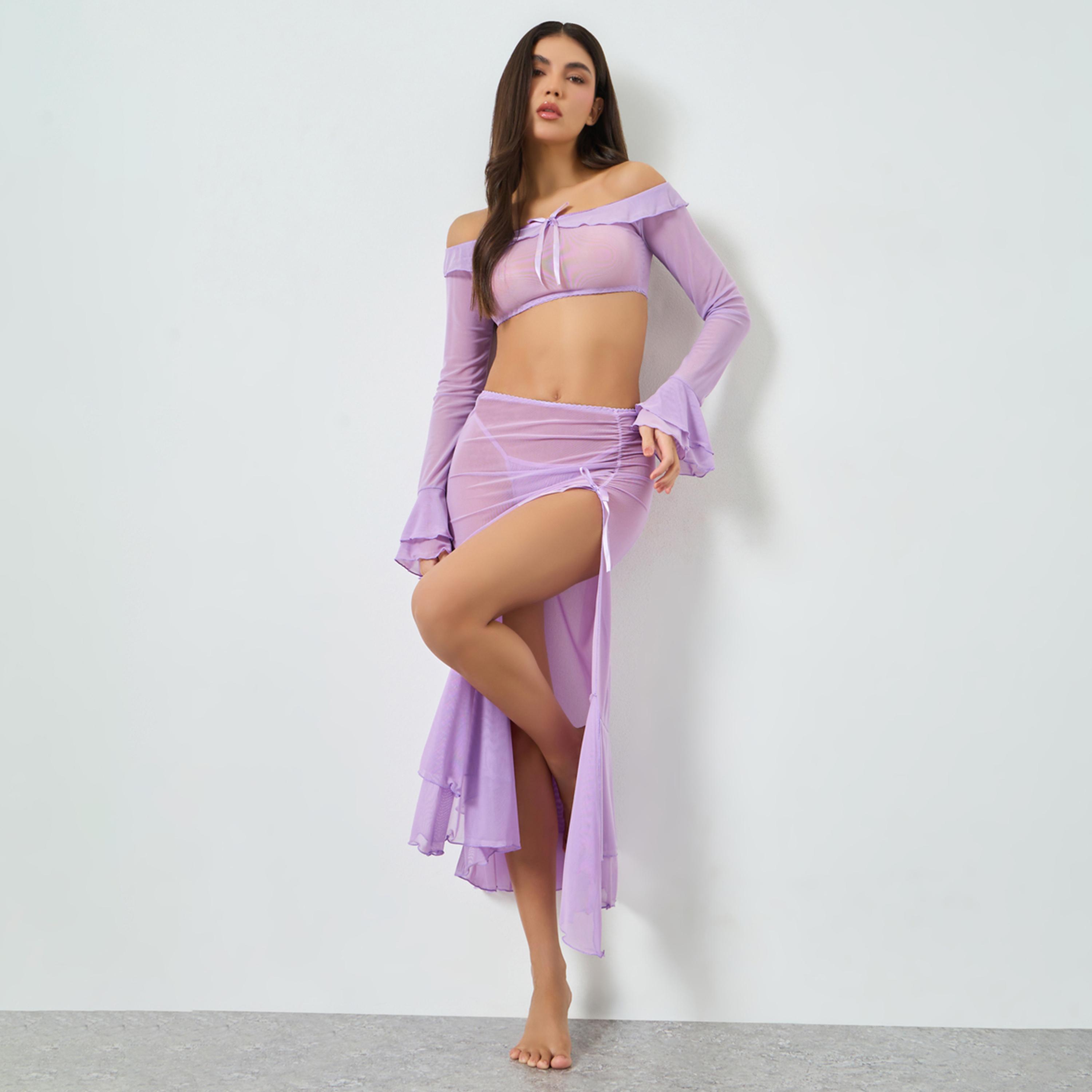 Take Two Purple Mesh Top with Slit Cut Skirt and Brief Set-women-clothing-lingerie-lingeriesets-image-1