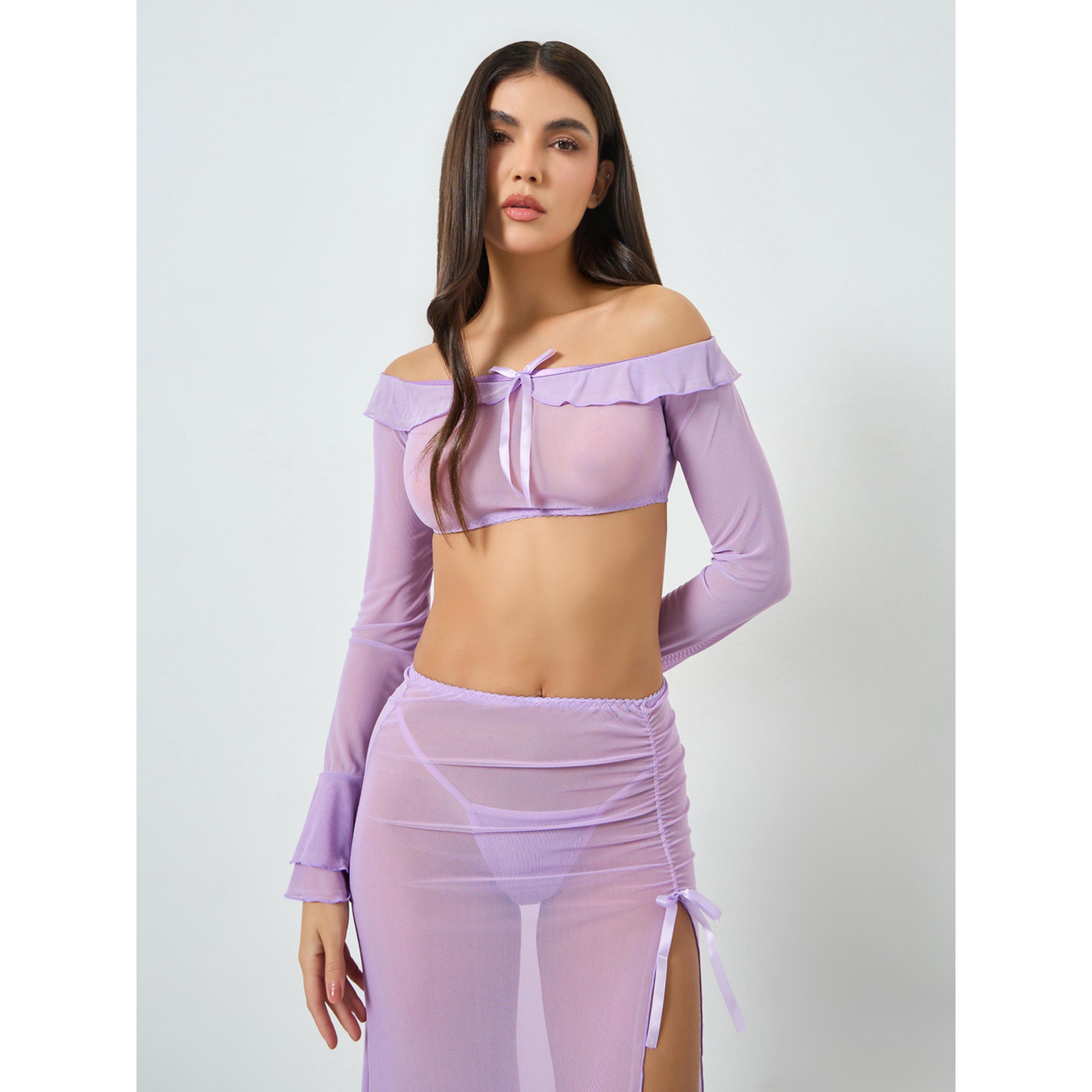 Take Two Purple Mesh Top with Slit Cut Skirt and Brief Set-women-clothing-lingerie-lingeriesets-image-2