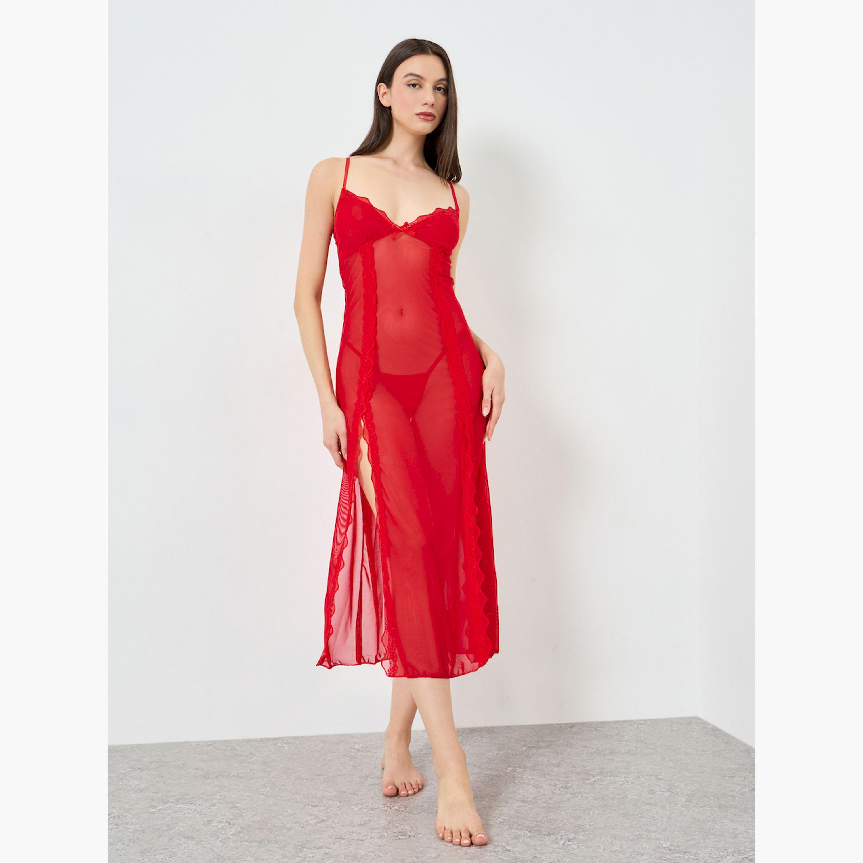 طقم فستان كامي بتفاصيل دانتيل وفتحة مع سروال داخلي-women-clothing-lingerie-babydollsandbodysuits-image-1