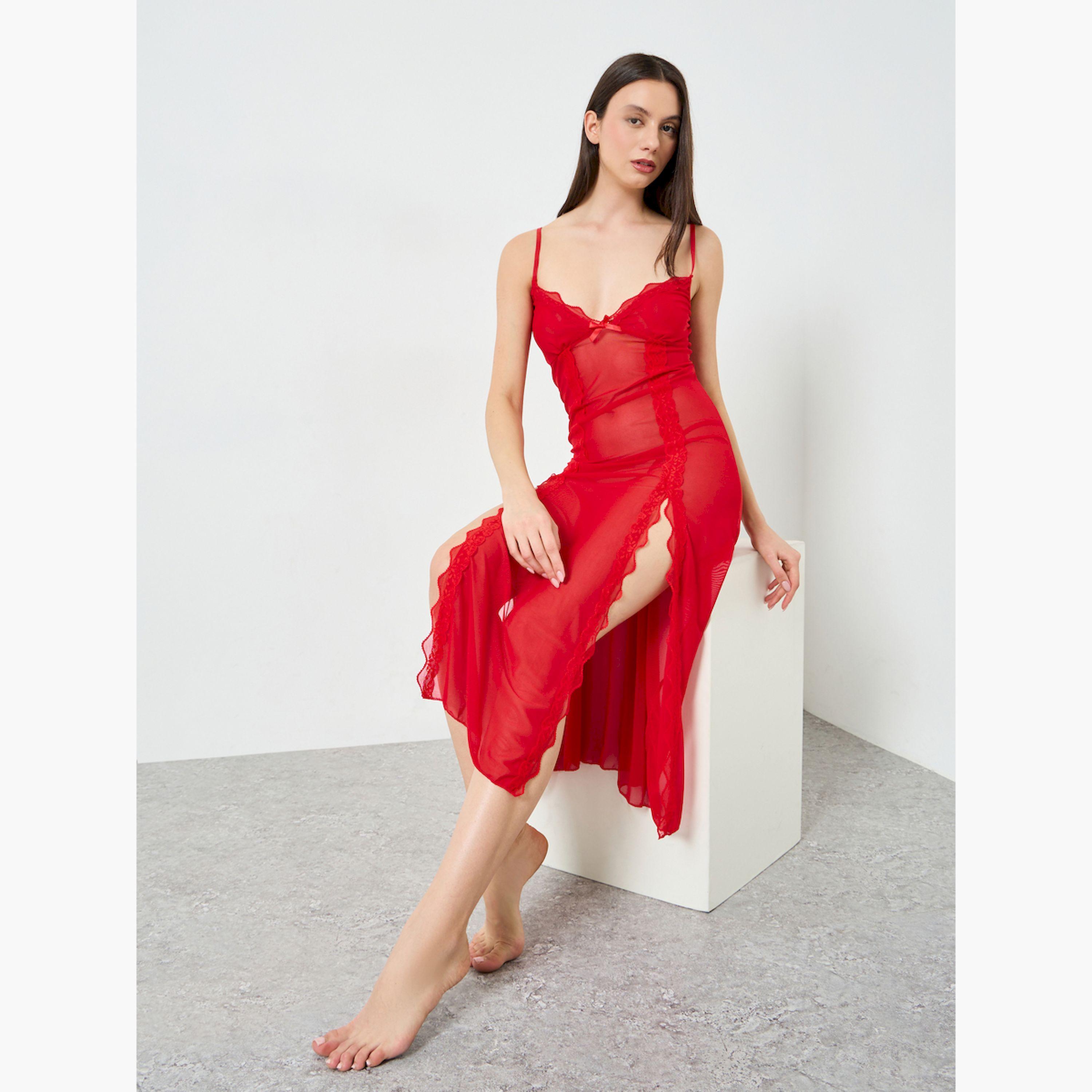 Take Two Red Lace Detail Slit Cut Cami Dress with Brief Set-women-clothing-lingerie-babydollsandbodysuits-image-2