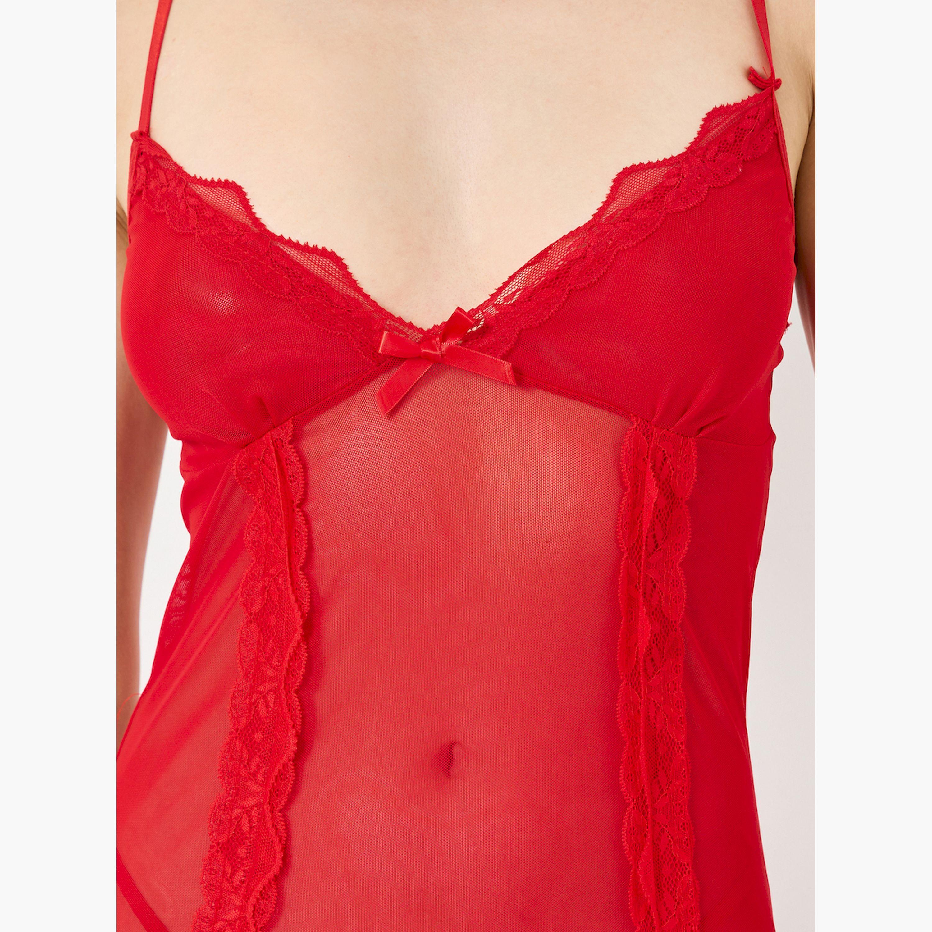 Take Two Red Lace Detail Slit Cut Cami Dress with Brief Set-women-clothing-lingerie-babydollsandbodysuits-image-3