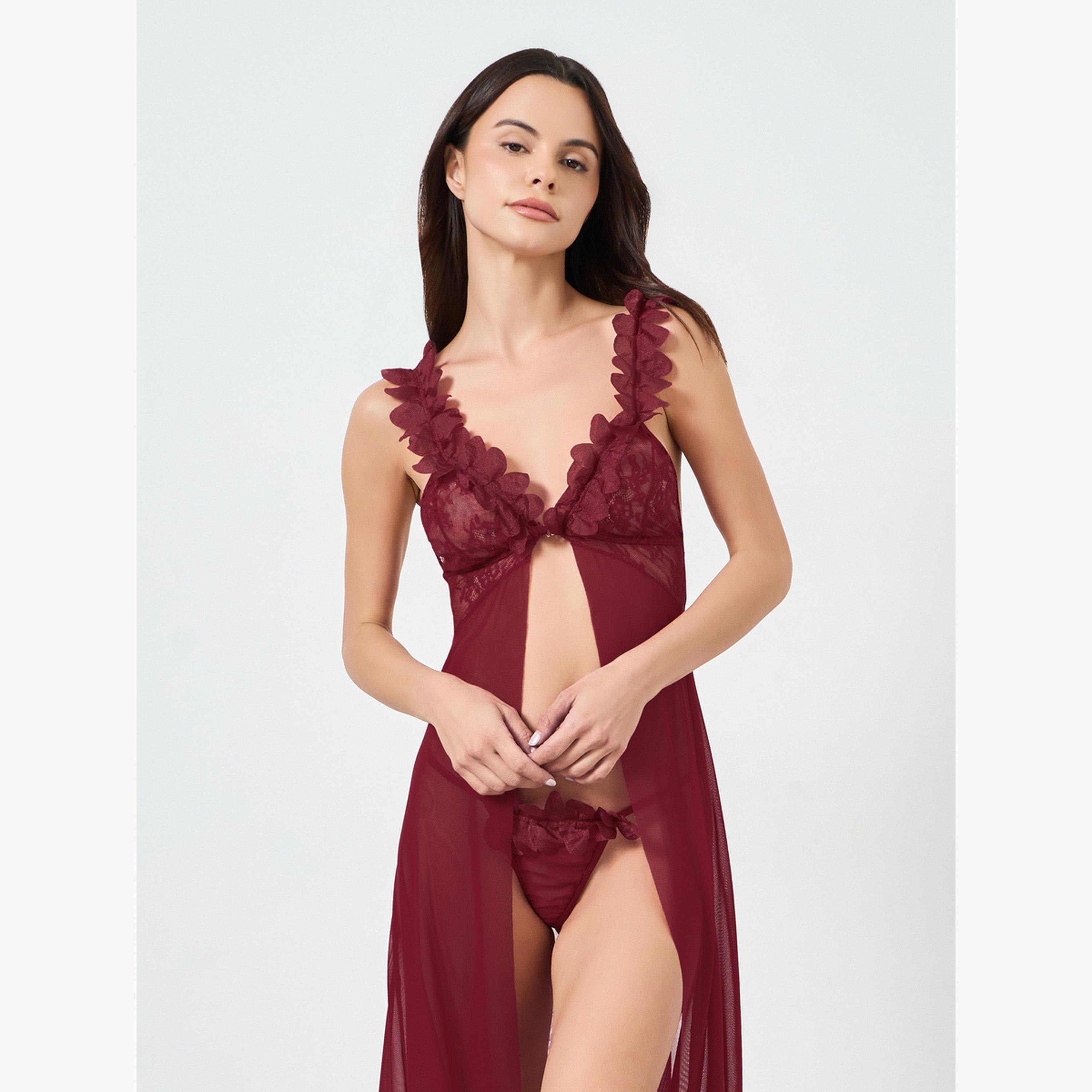 Take Two Burgundy Applique Trim Slip Dress with Brief-women-clothing-lingerie-babydollsandbodysuits-image-2