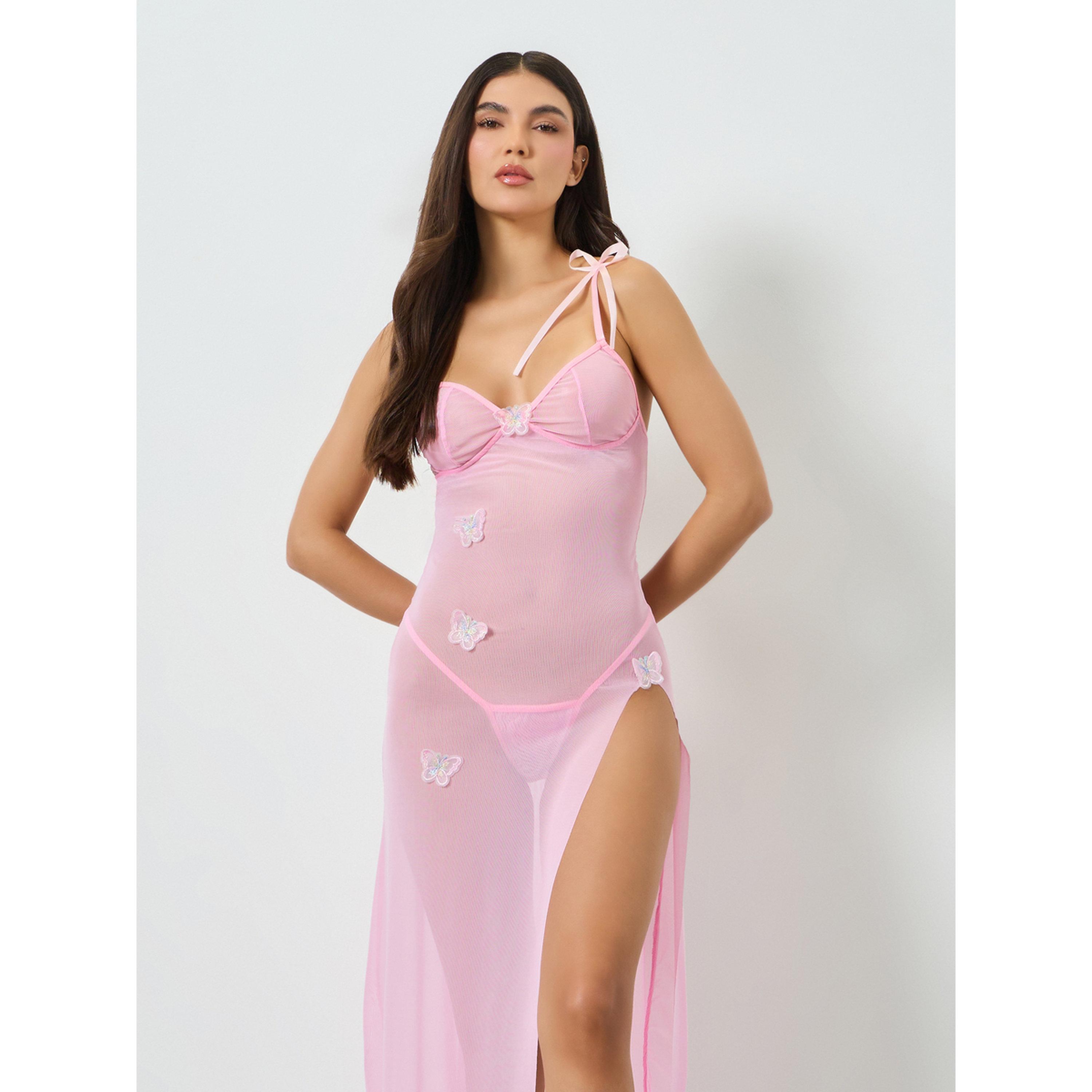 Take Two Pink Mesh Slit Cut Butterfly Detail Cami Dress with Brief Set-women-clothing-lingerie-babydollsandbodysuits-image-2