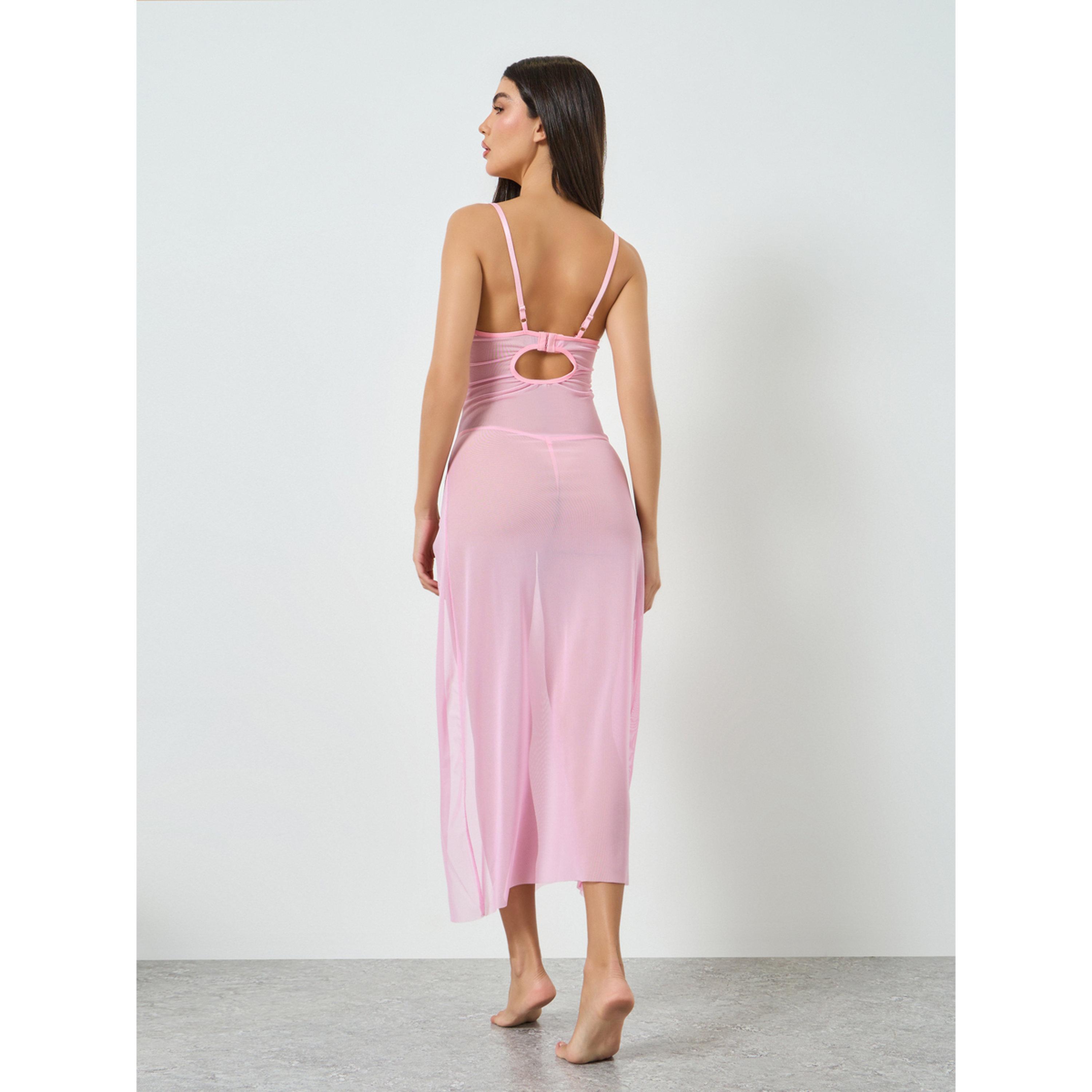 Take Two Pink Mesh Slit Cut Butterfly Detail Cami Dress with Brief Set-women-clothing-lingerie-babydollsandbodysuits-image-3