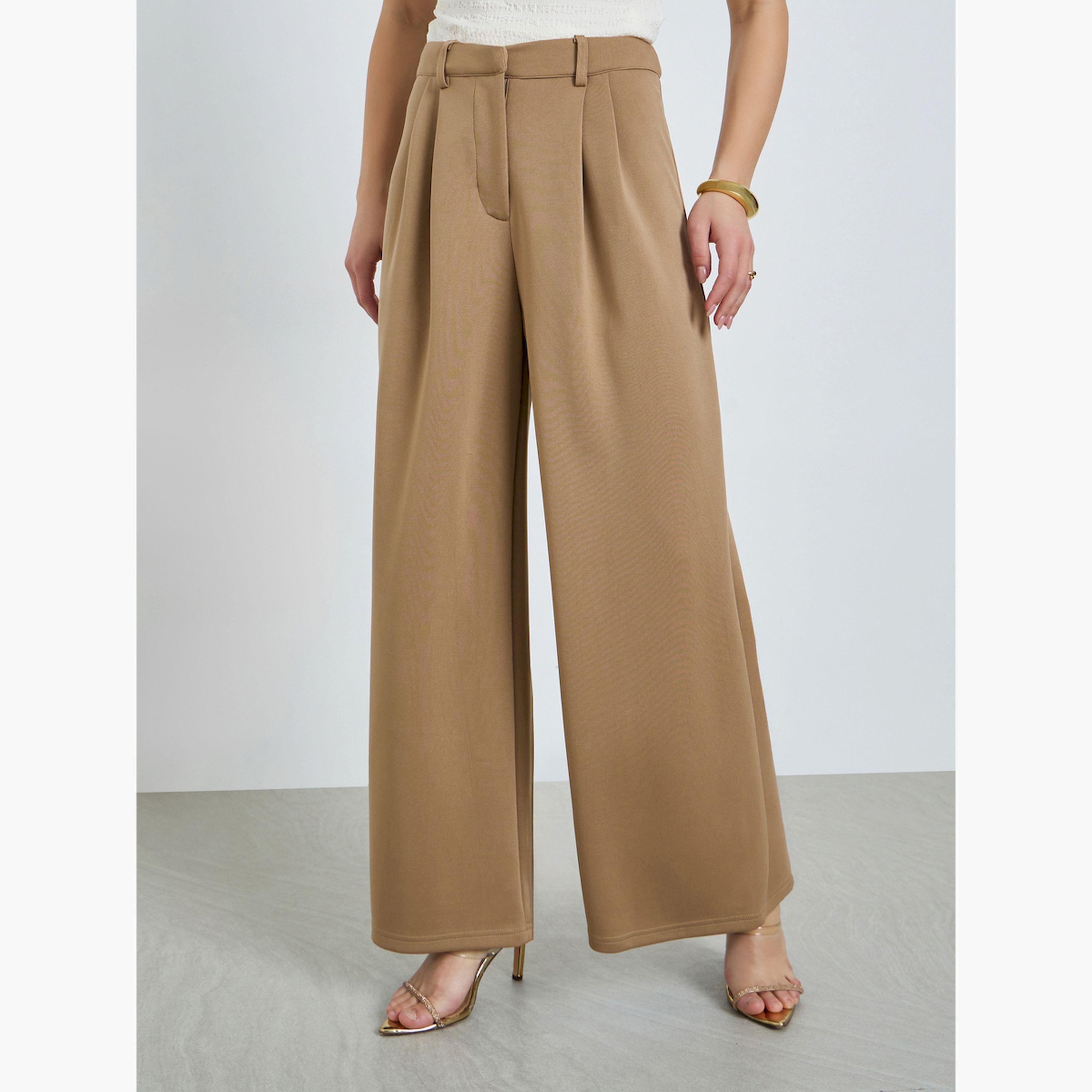 Styli Tan Wide Leg Pleated Trousers-women-clothing-bottoms-trousers-image-1