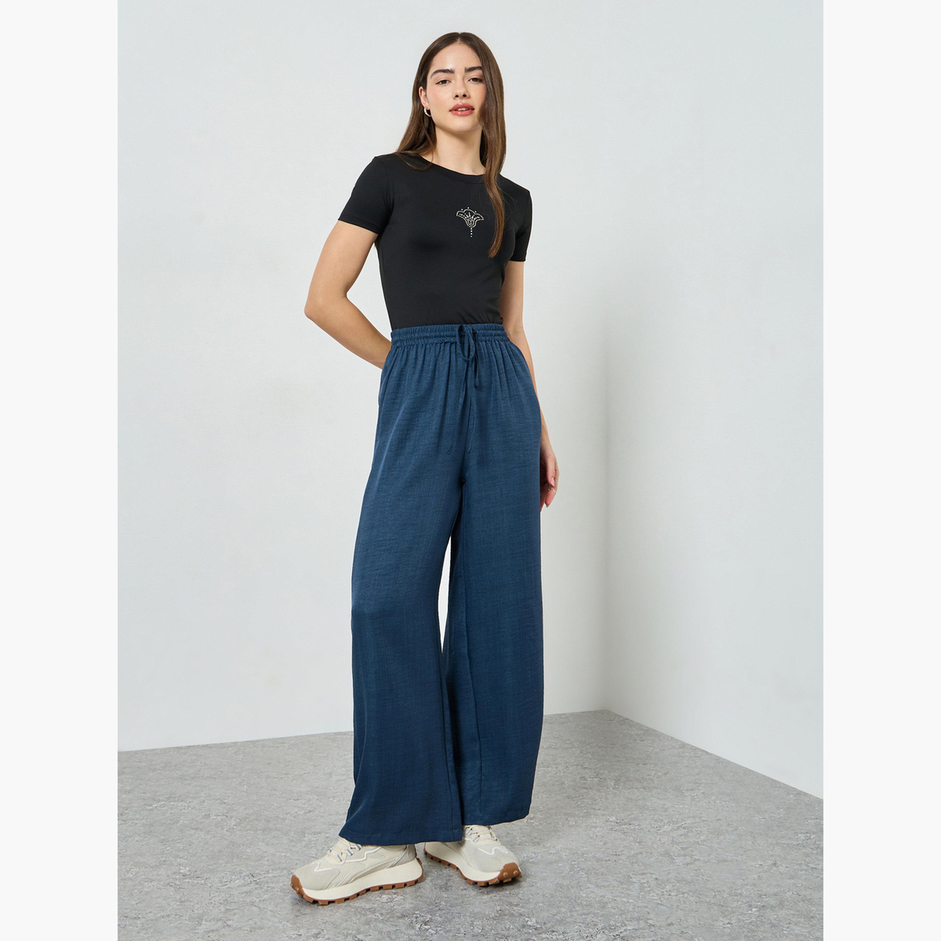 Styli Navy Blue Wide Leg Linen Look Pants-women-clothing-bottoms-trousers-image-2