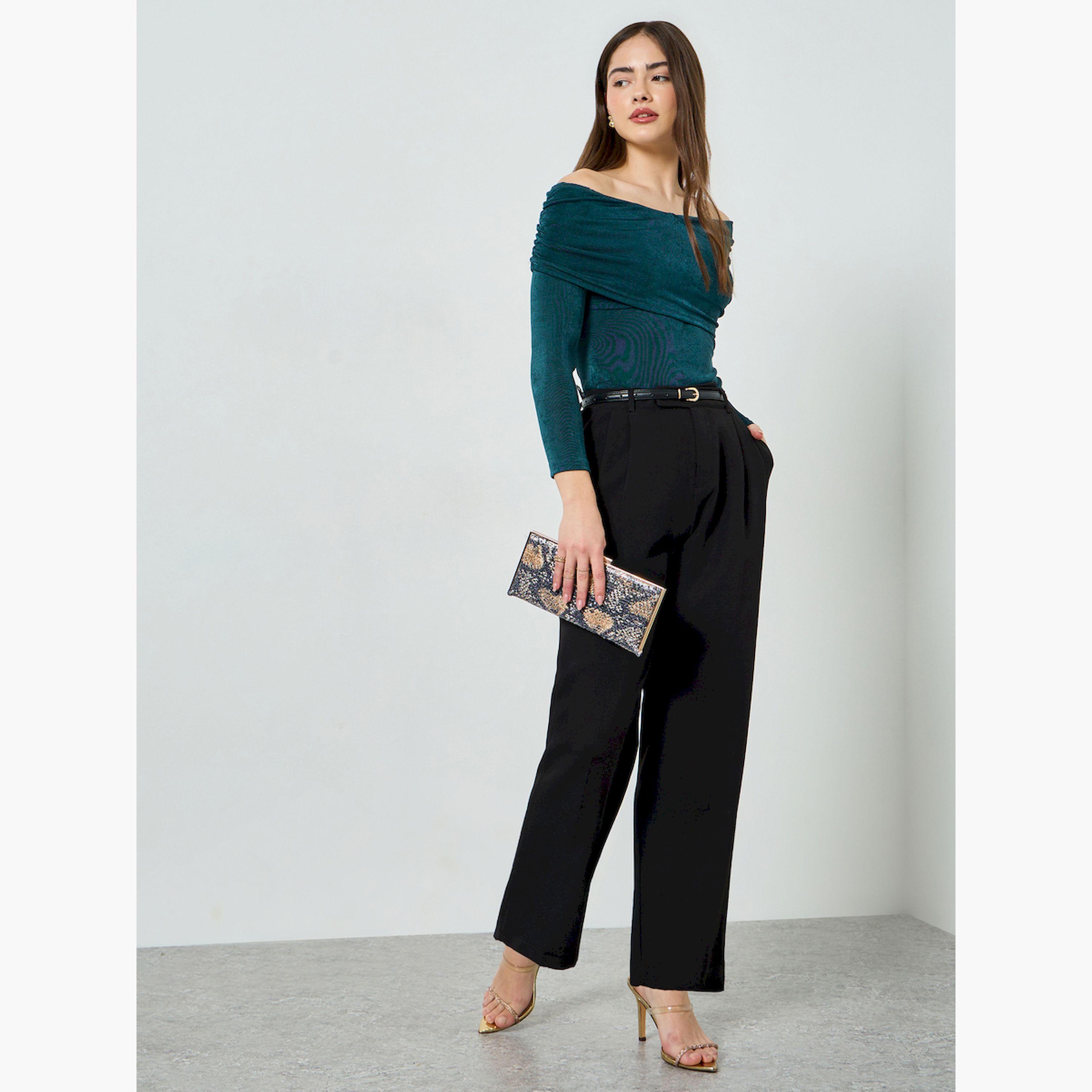 Styli Black Solid Wide Leg Trousers-women-clothing-bottoms-trousers-image-2
