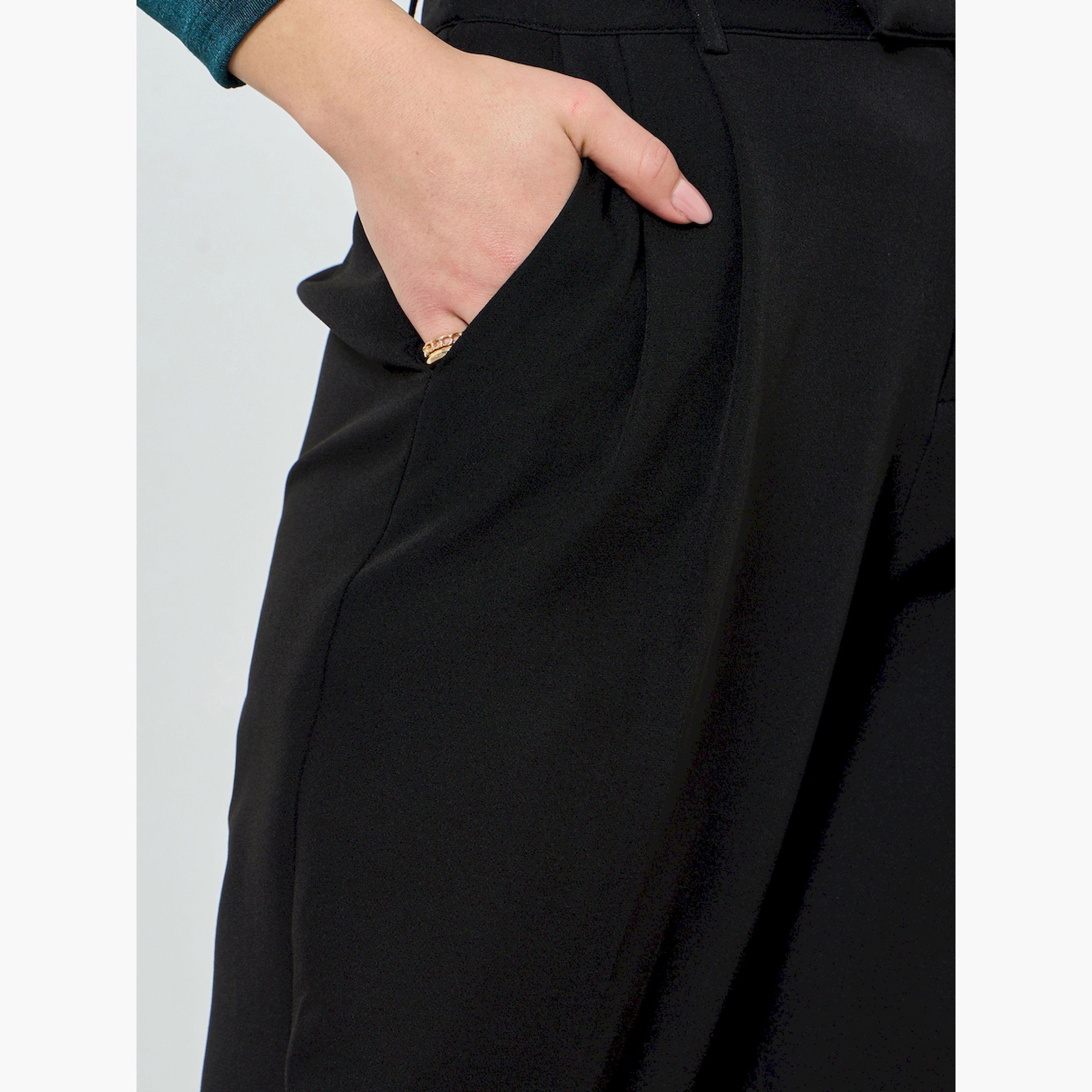 Styli Black Solid Wide Leg Trousers-women-clothing-bottoms-trousers-image-3