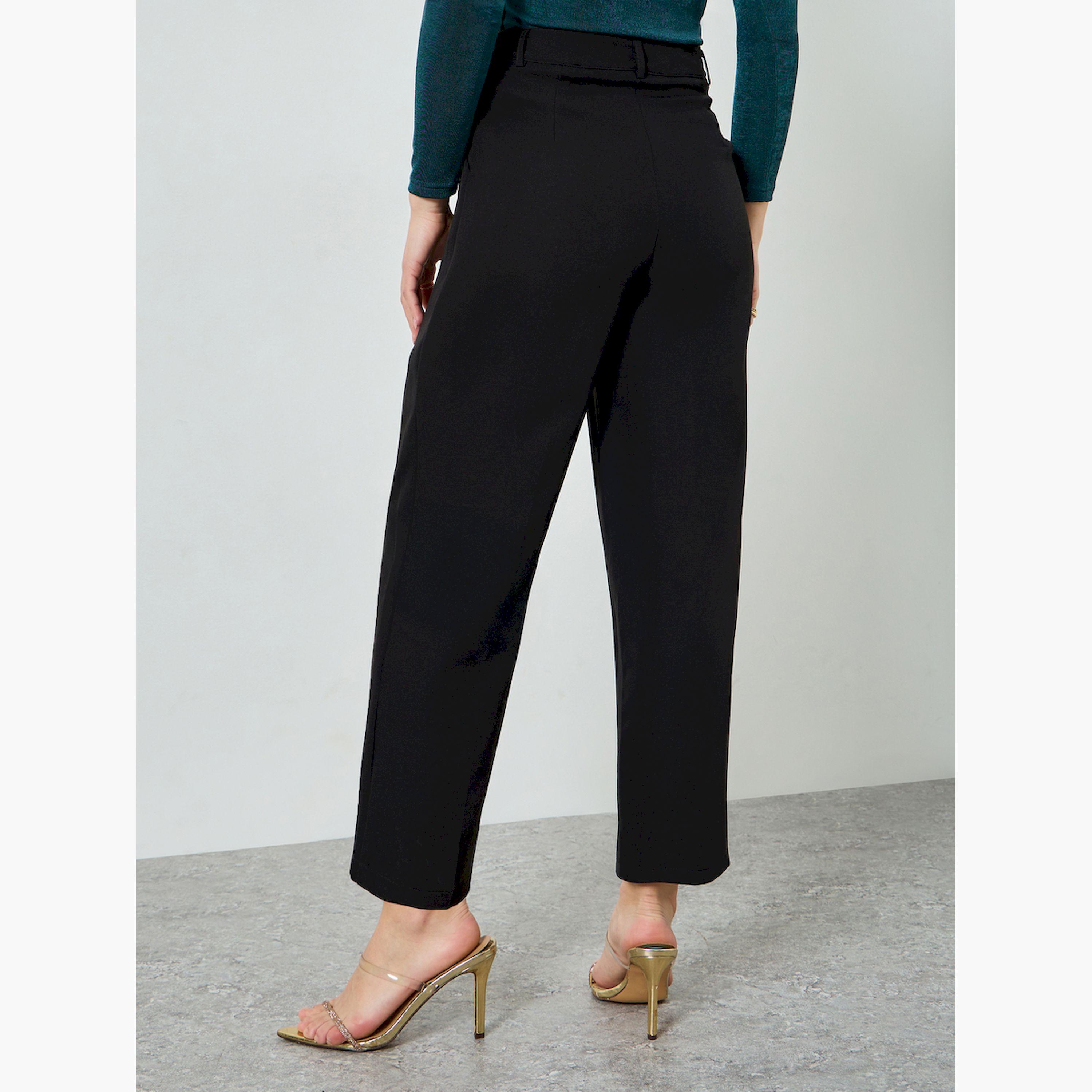 Styli Black Solid Wide Leg Trousers-women-clothing-bottoms-trousers-image-4