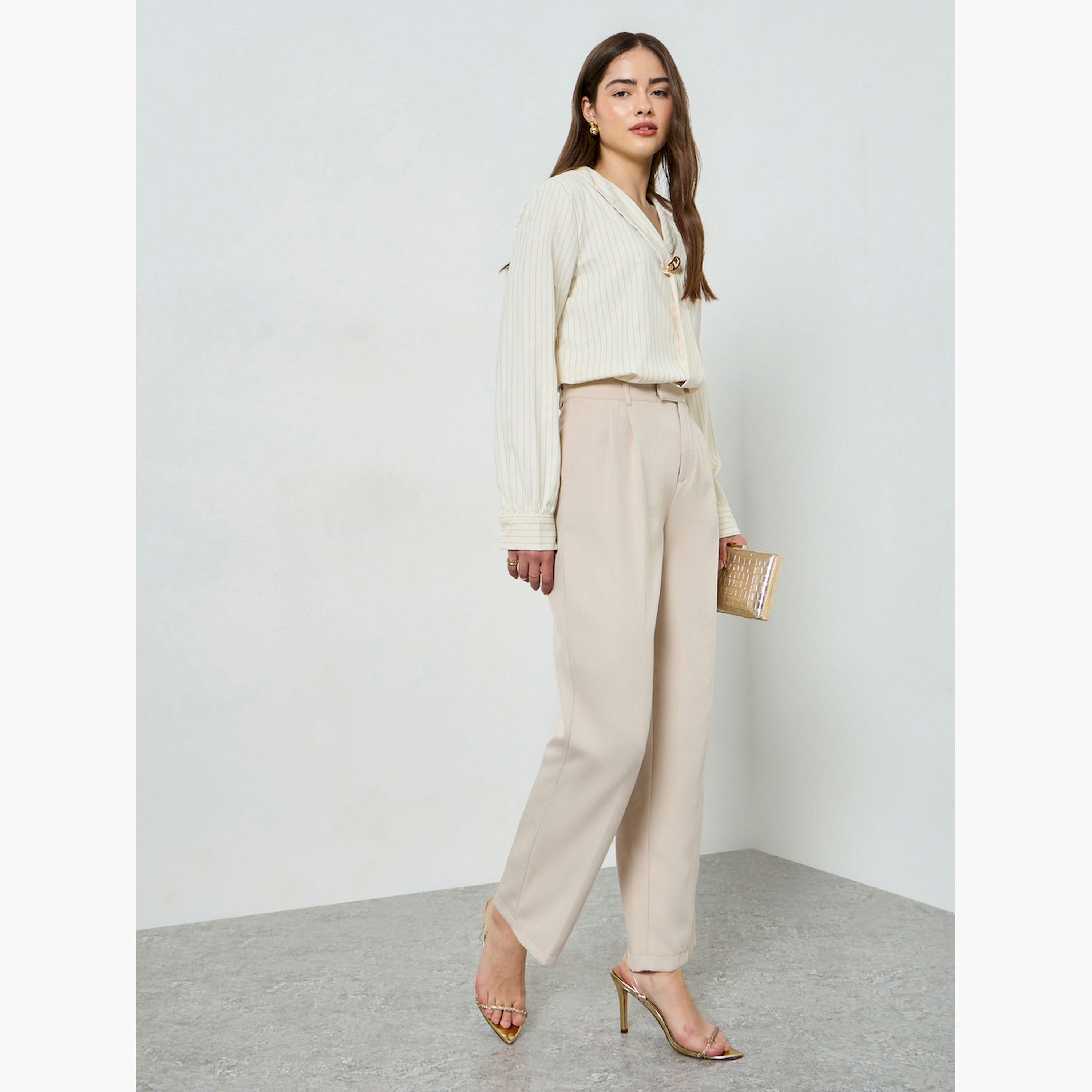 Styli Cream Solid Wide Leg Trousers-women-clothing-bottoms-trousers-image-2