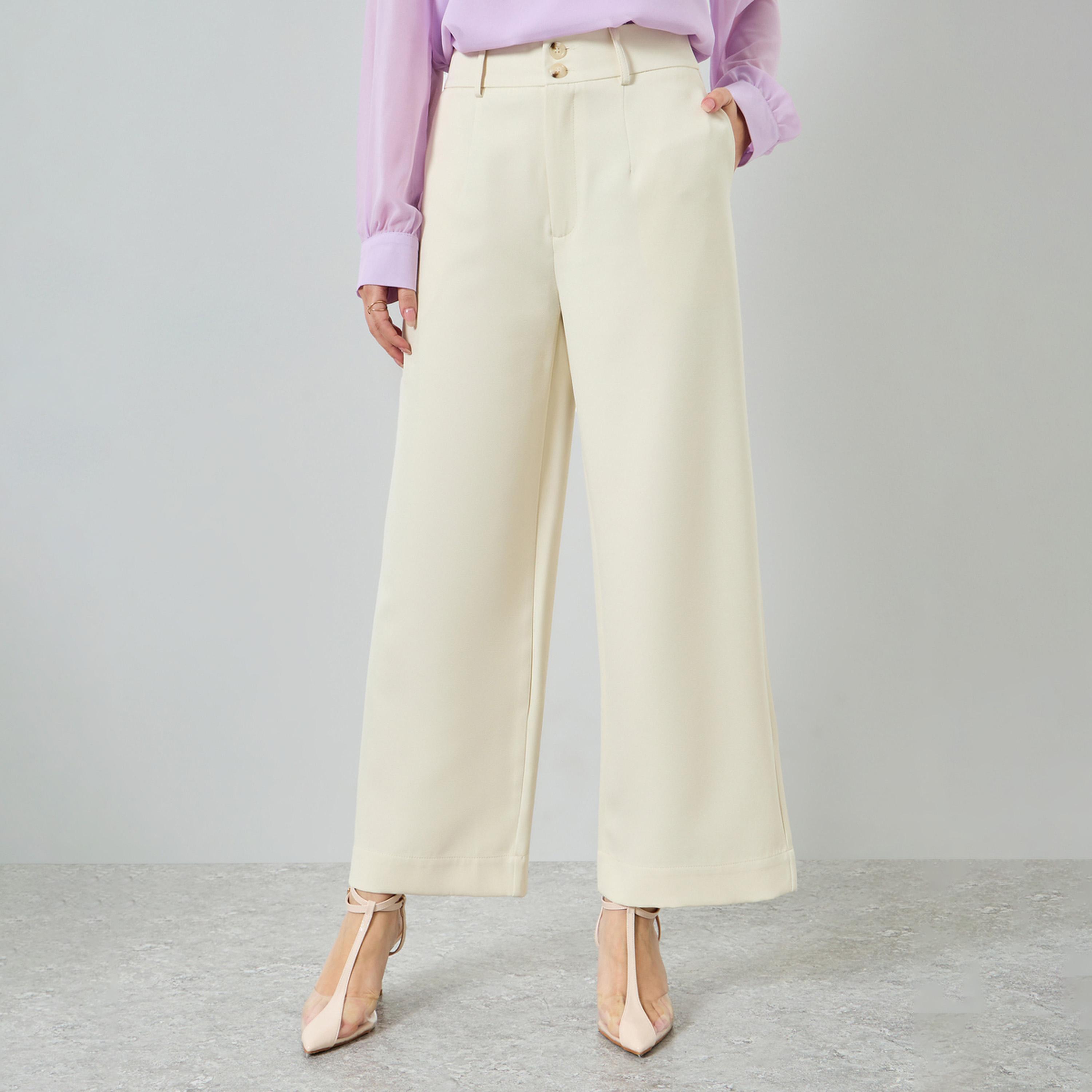 Styli Cream Solid Barrel Fit Trousers-women-clothing-bottoms-trousers-image-1