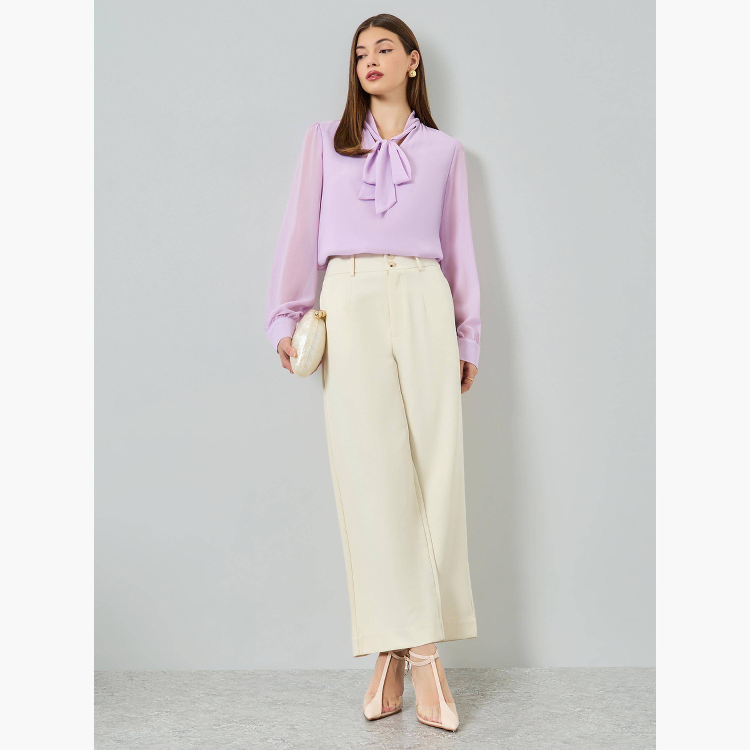 Styli Cream Solid Barrel Fit Trousers-women-clothing-bottoms-trousers-image-2