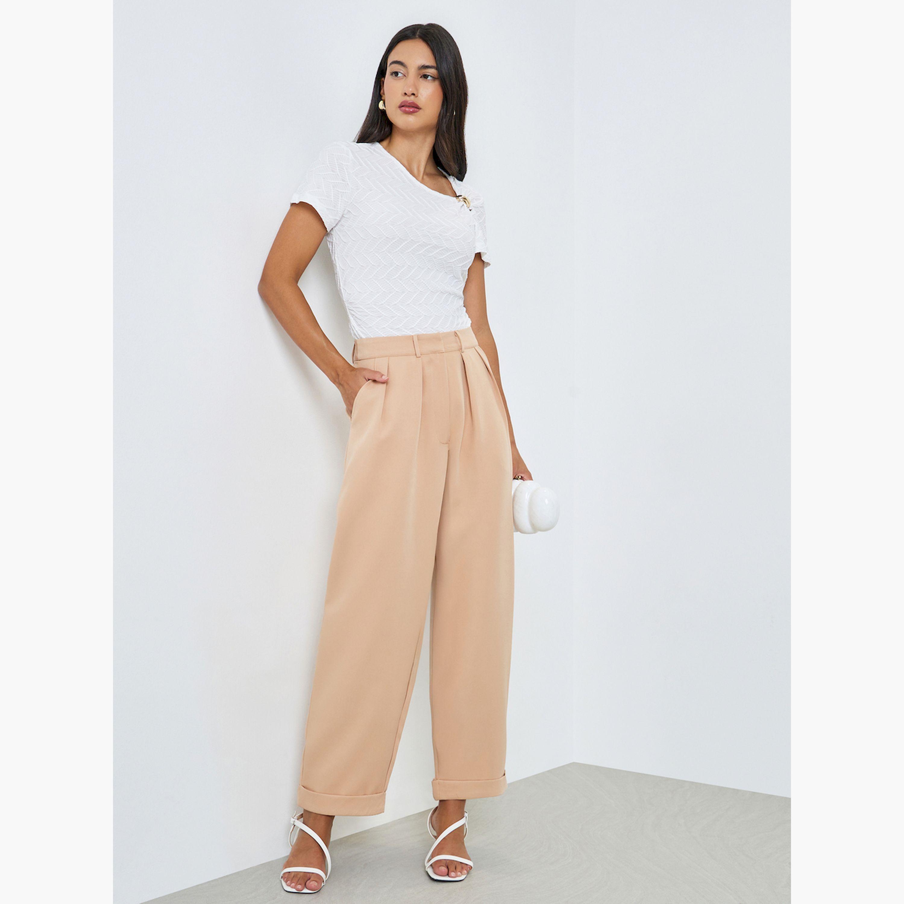 Styli Beige Pleated Relaxed Fit Trousers-women-clothing-bottoms-trousers-image-2