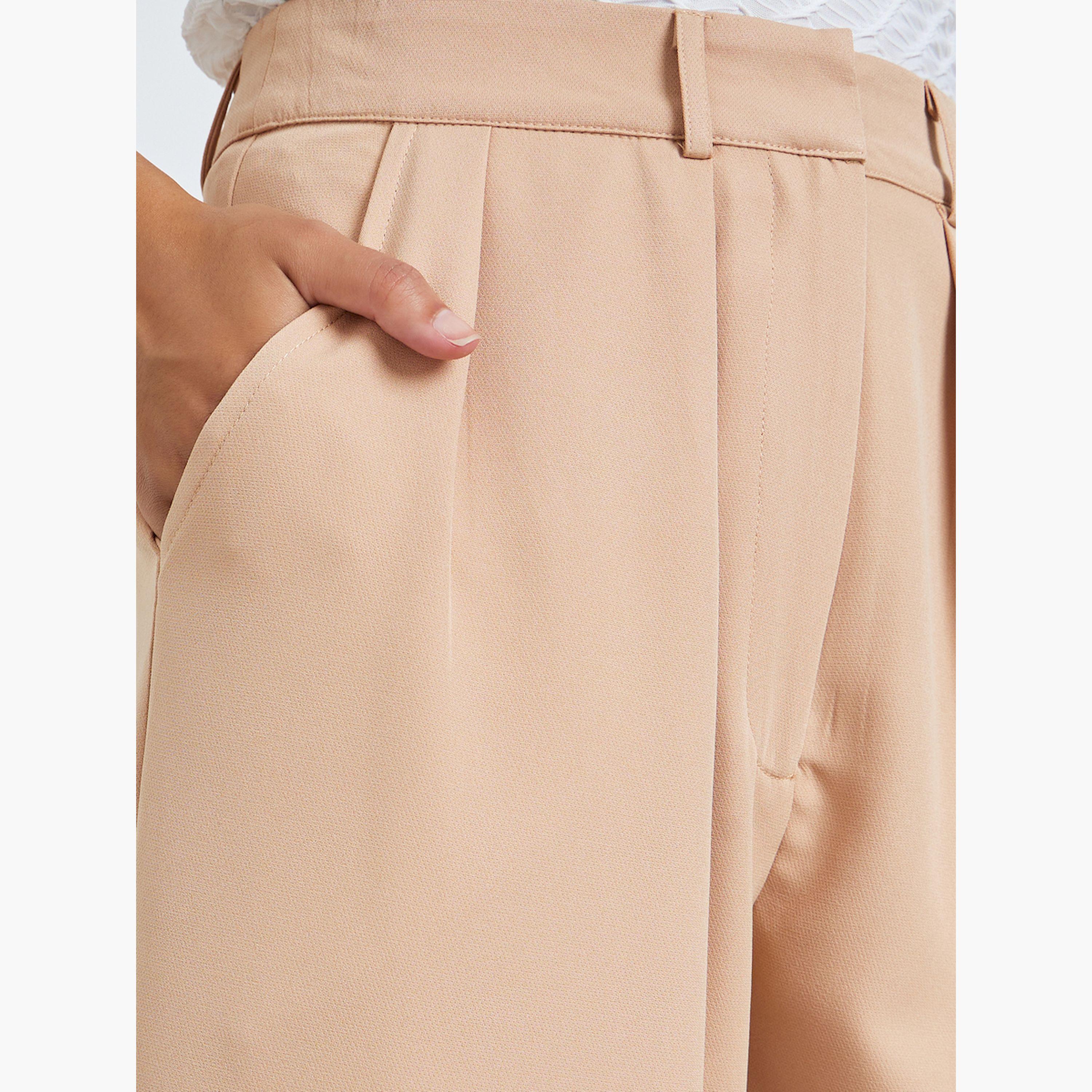 Styli Beige Pleated Relaxed Fit Trousers-women-clothing-bottoms-trousers-image-3