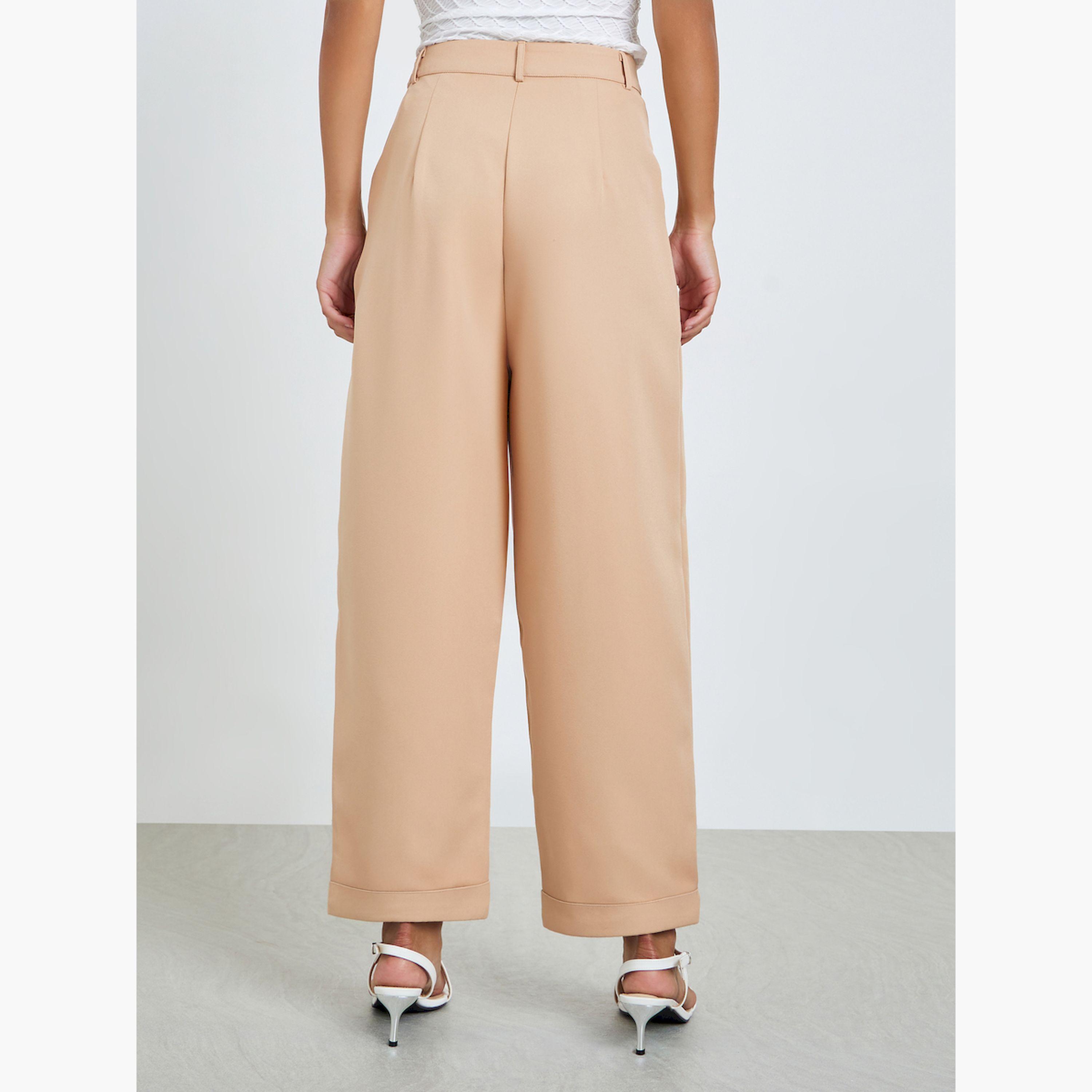 Styli Beige Pleated Relaxed Fit Trousers-women-clothing-bottoms-trousers-image-4