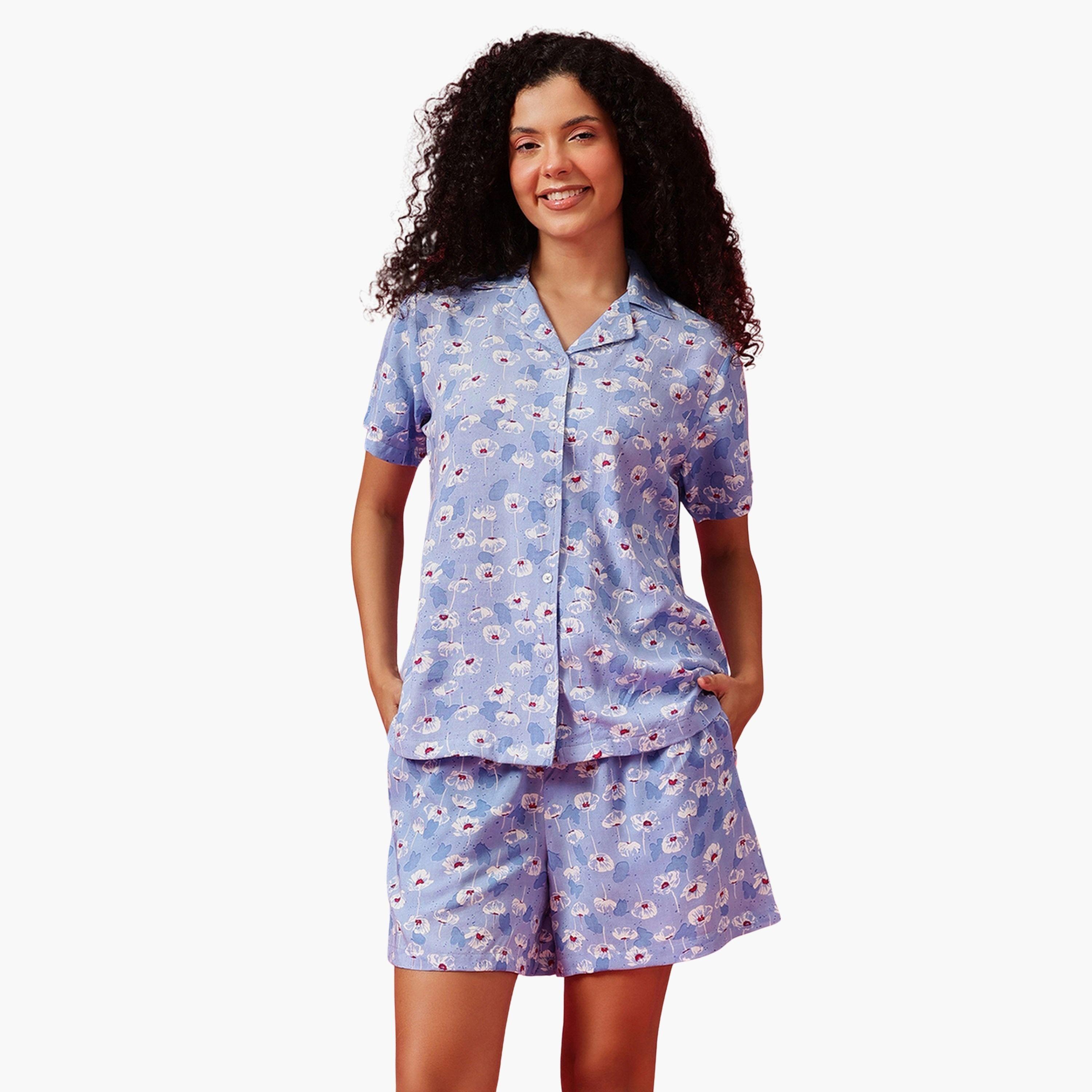 طقم قميص وشورت بطبعة زهور-women-clothing-nightwear-pyjamas-shortsets-image-6