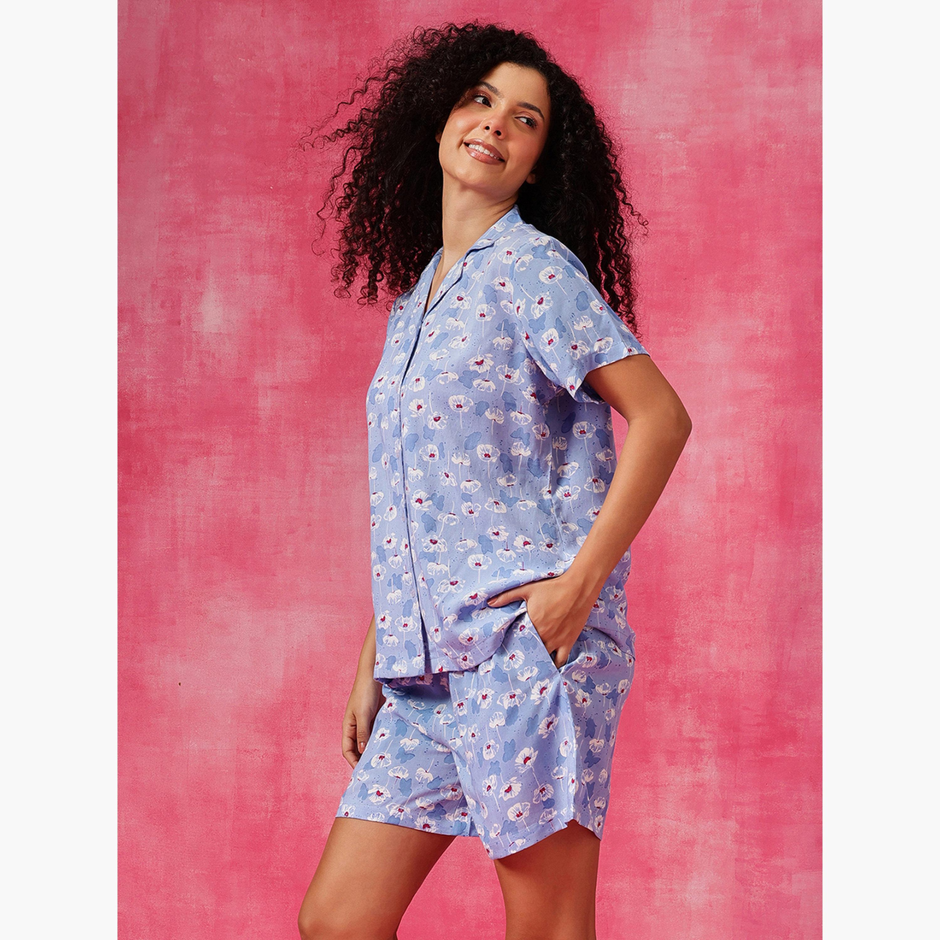 طقم قميص وشورت بطبعة زهور-women-clothing-nightwear-pyjamas-shortsets-image-3