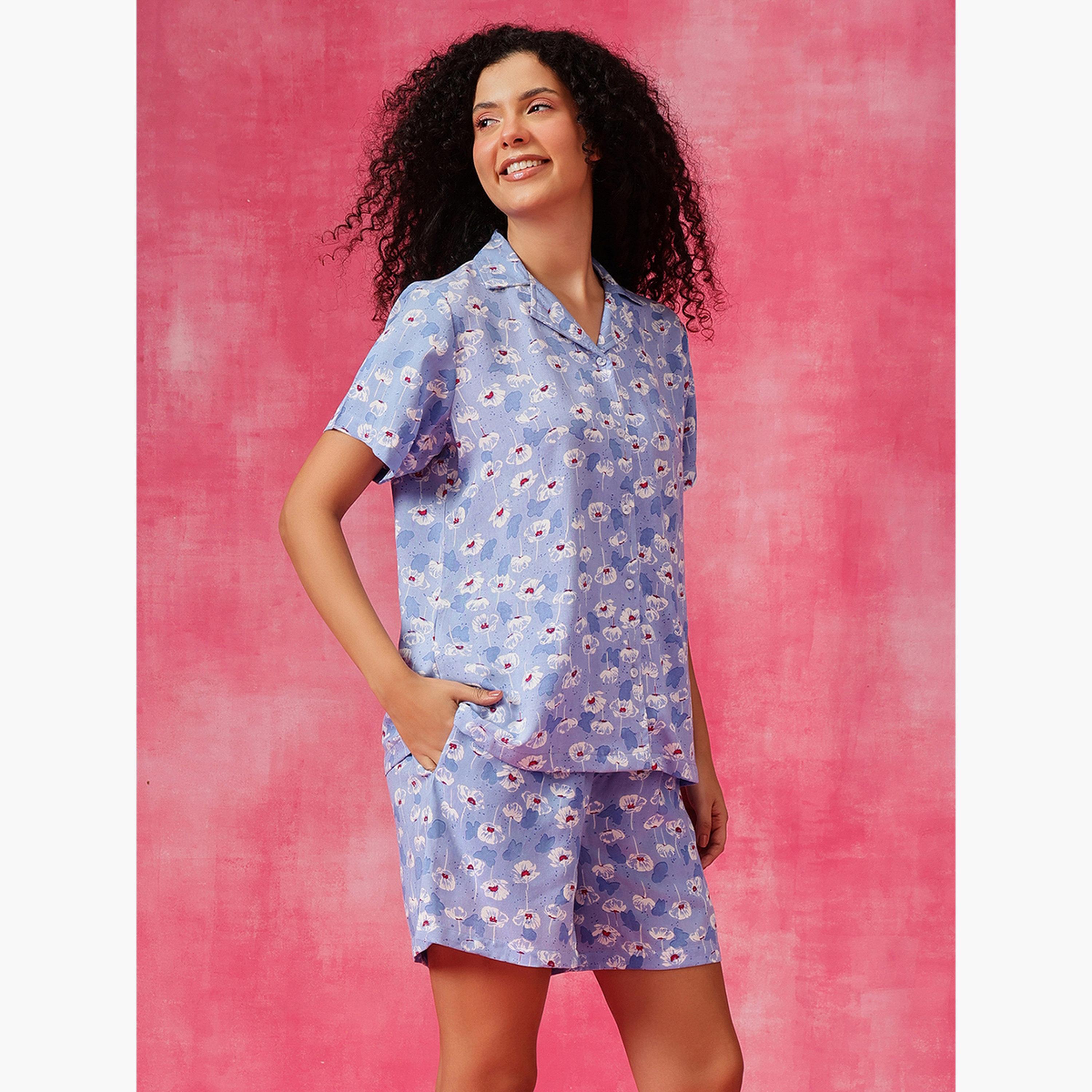 طقم قميص وشورت بطبعة زهور-women-clothing-nightwear-pyjamas-shortsets-image-4