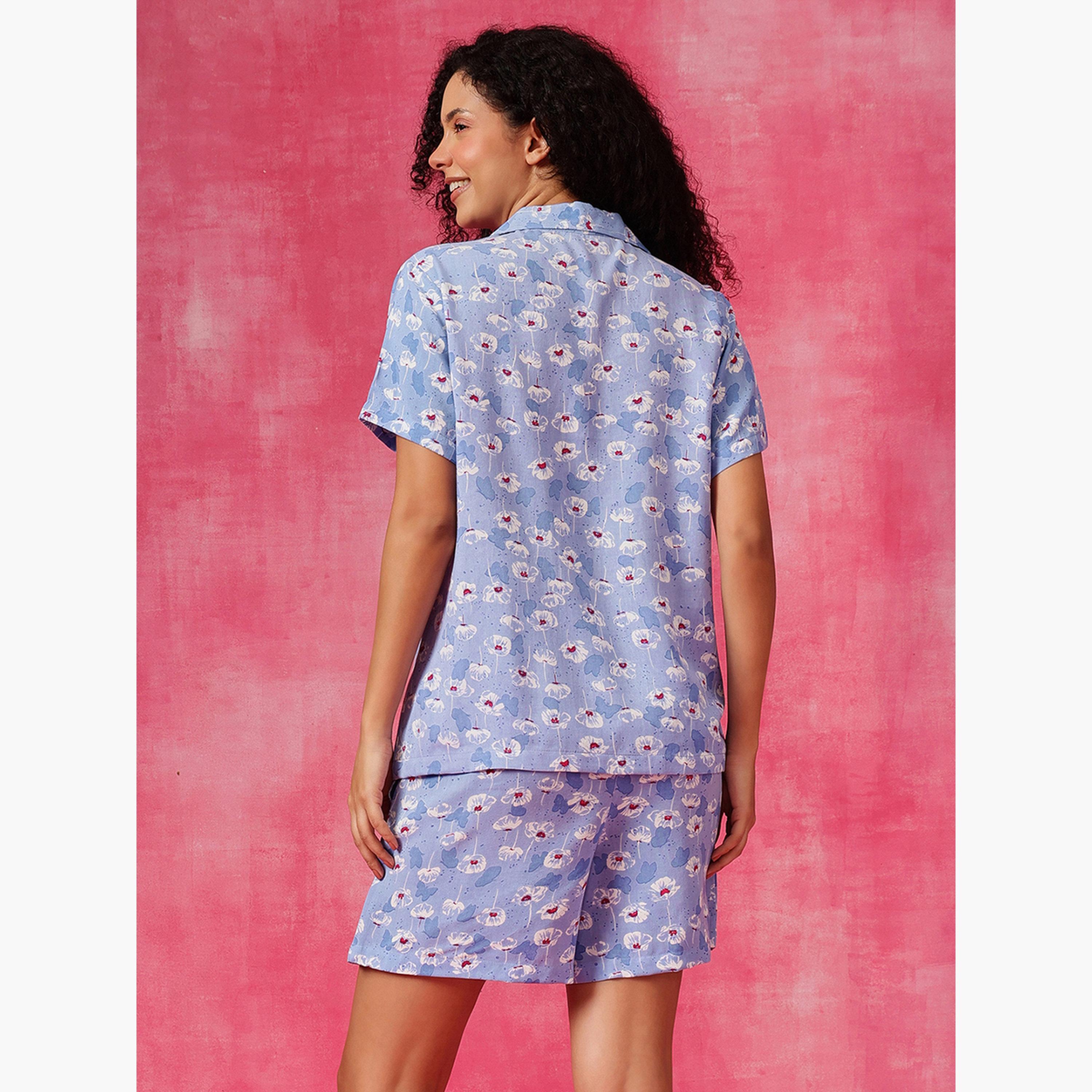 طقم قميص وشورت بطبعة زهور-women-clothing-nightwear-pyjamas-shortsets-image-5